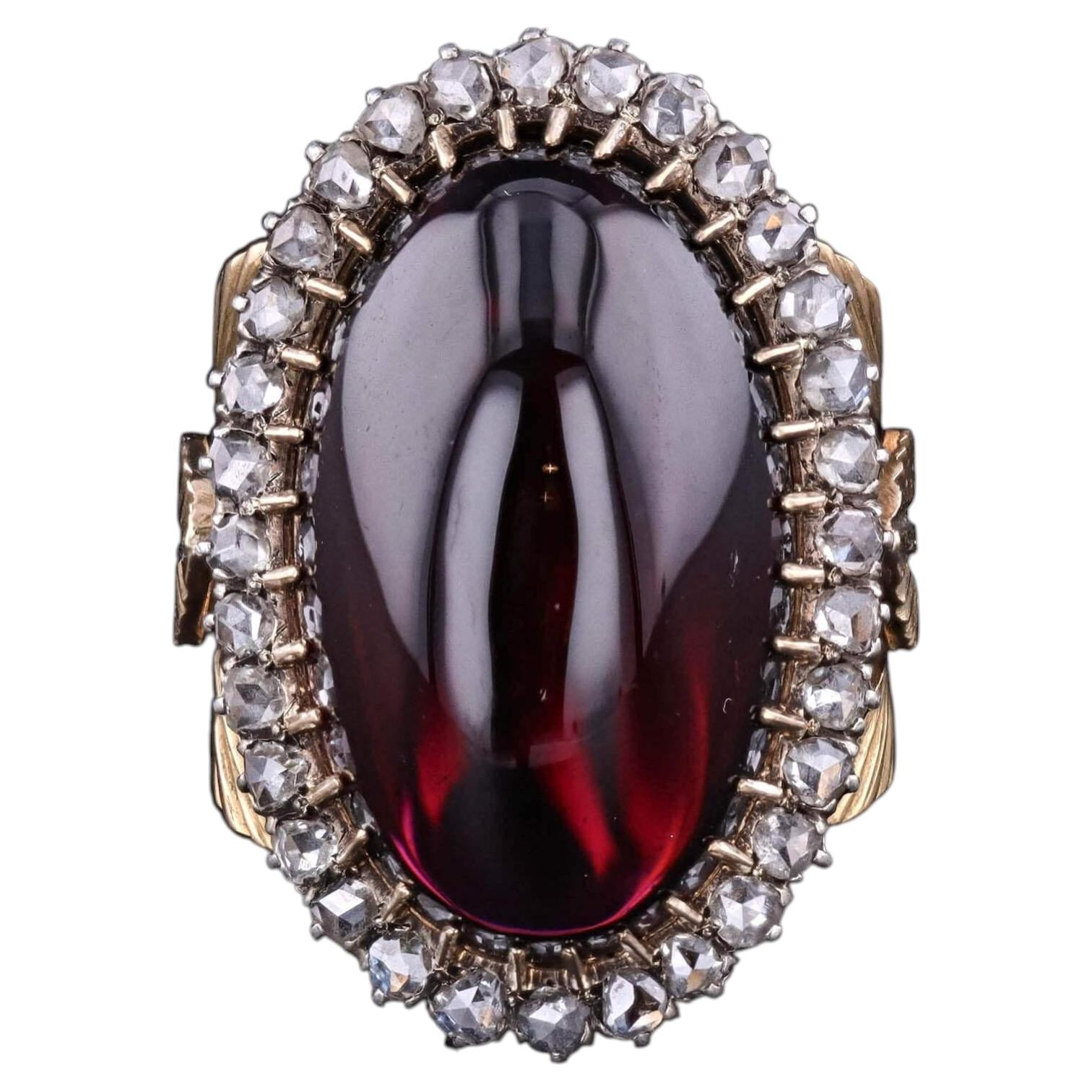 Dramatic Victorian Almandine Garnet Ring with Diamonds, 18k Gold