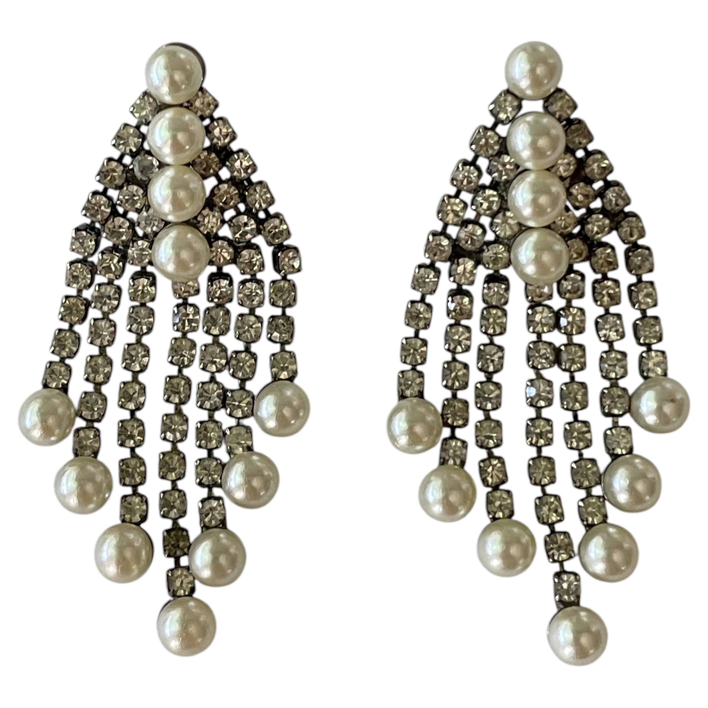 Vintage Rhinestone Silver Tone Hollywood Glamour Chandelier Earrings 1980s