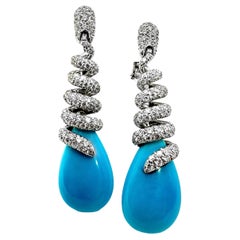 Dramatic White Gold and Diamond Spiral Top Earrings with Turquoise Colored Drops