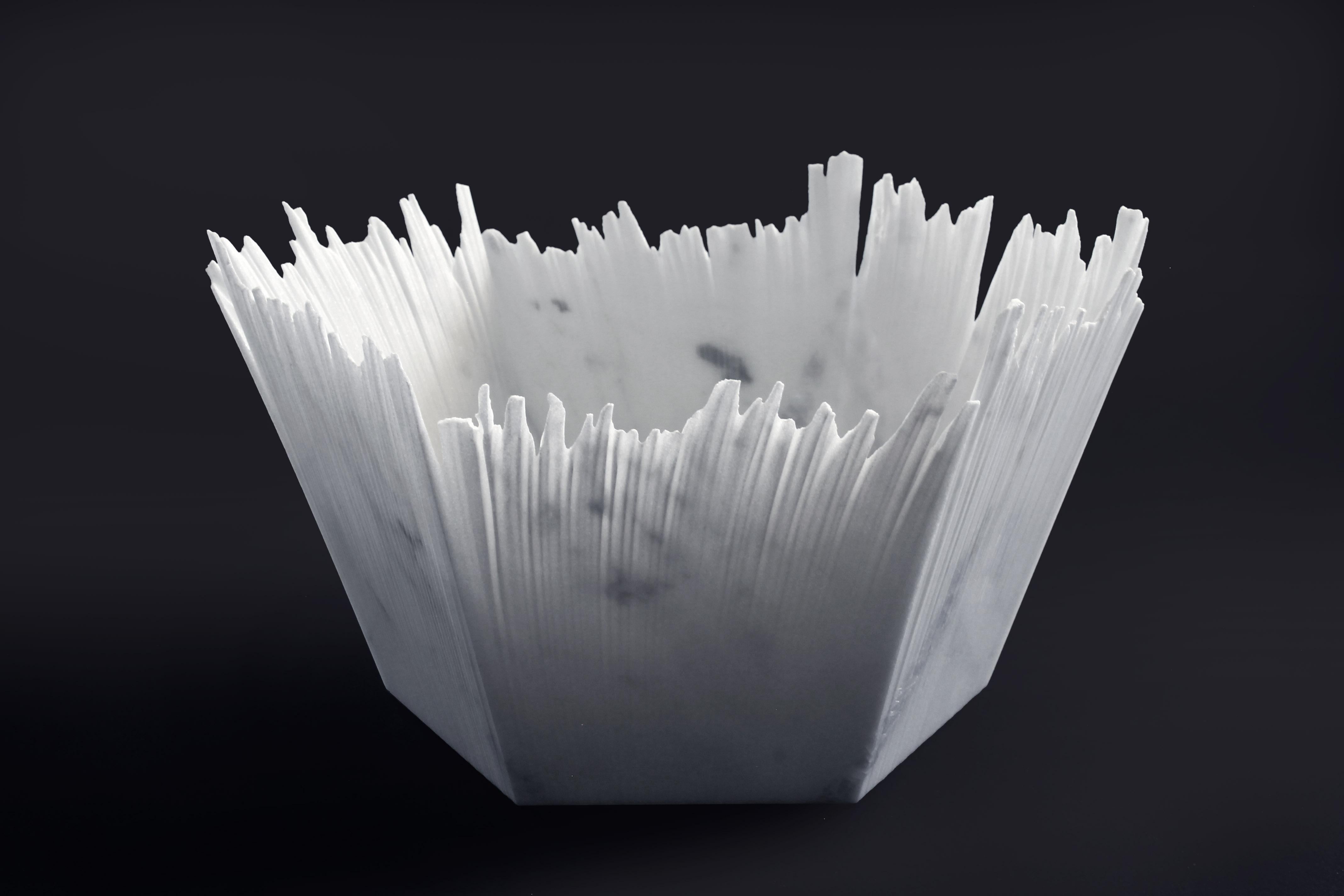 Drap C Hexagonal Decorative Bowl in White Carrara Marble by Bufalini Marmi For Sale 4