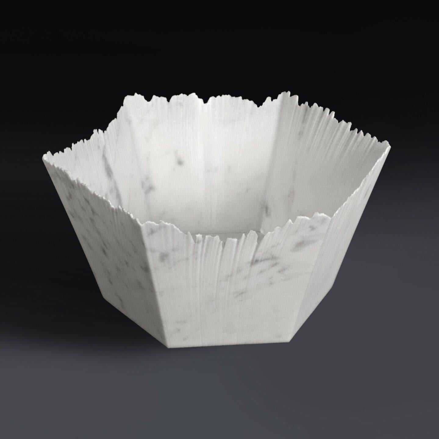 Drap C Hexagonal Decorative Bowl in White Carrara Marble by Bufalini Marmi
Dimensions: D 28 x W 28 x H 11 cm. 
Materials: White Carrara marble.

Available in different sizes, shapes, and stone options. Prices may vary. All our lamps can be wired