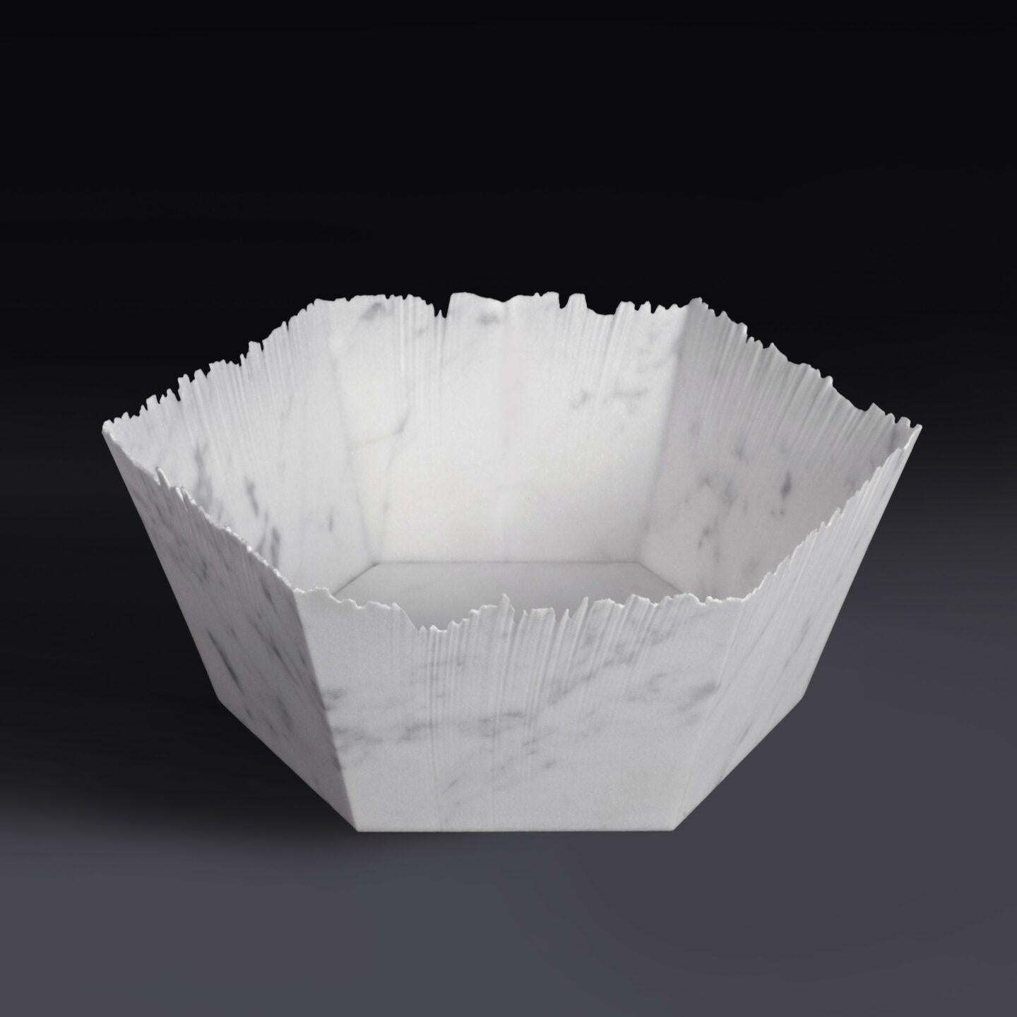 Drap D Hexagonal Decorative Bowl in White Carrara Marble by Bufalini Marmi
Dimensions: D 32 x W 32 x H 11 cm. 
Materials: White Carrara marble.

Available in different sizes, shapes, and stone options. Prices may vary. All our lamps can be wired