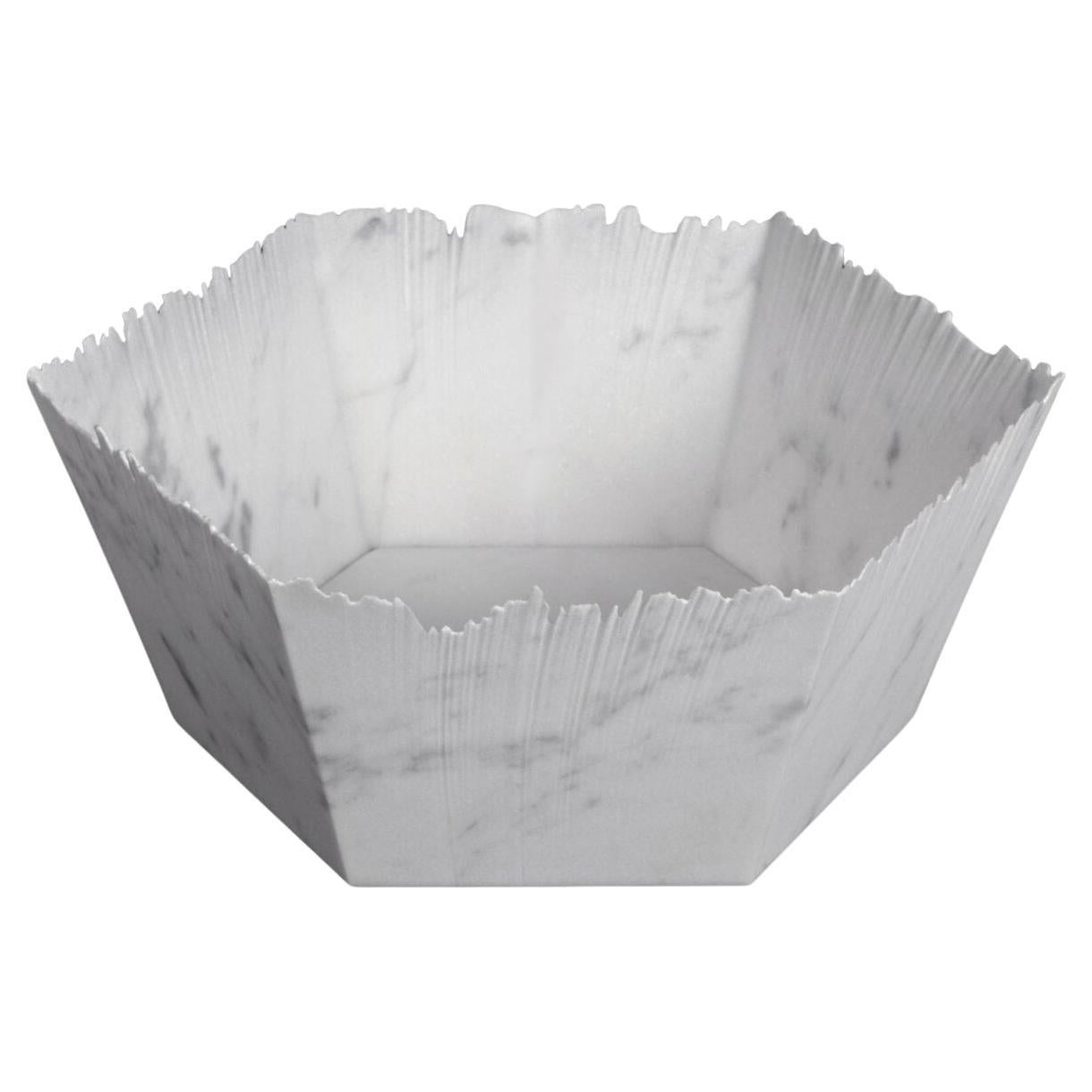 Drap D Hexagonal Decorative Bowl in White Carrara Marble by Bufalini Marmi