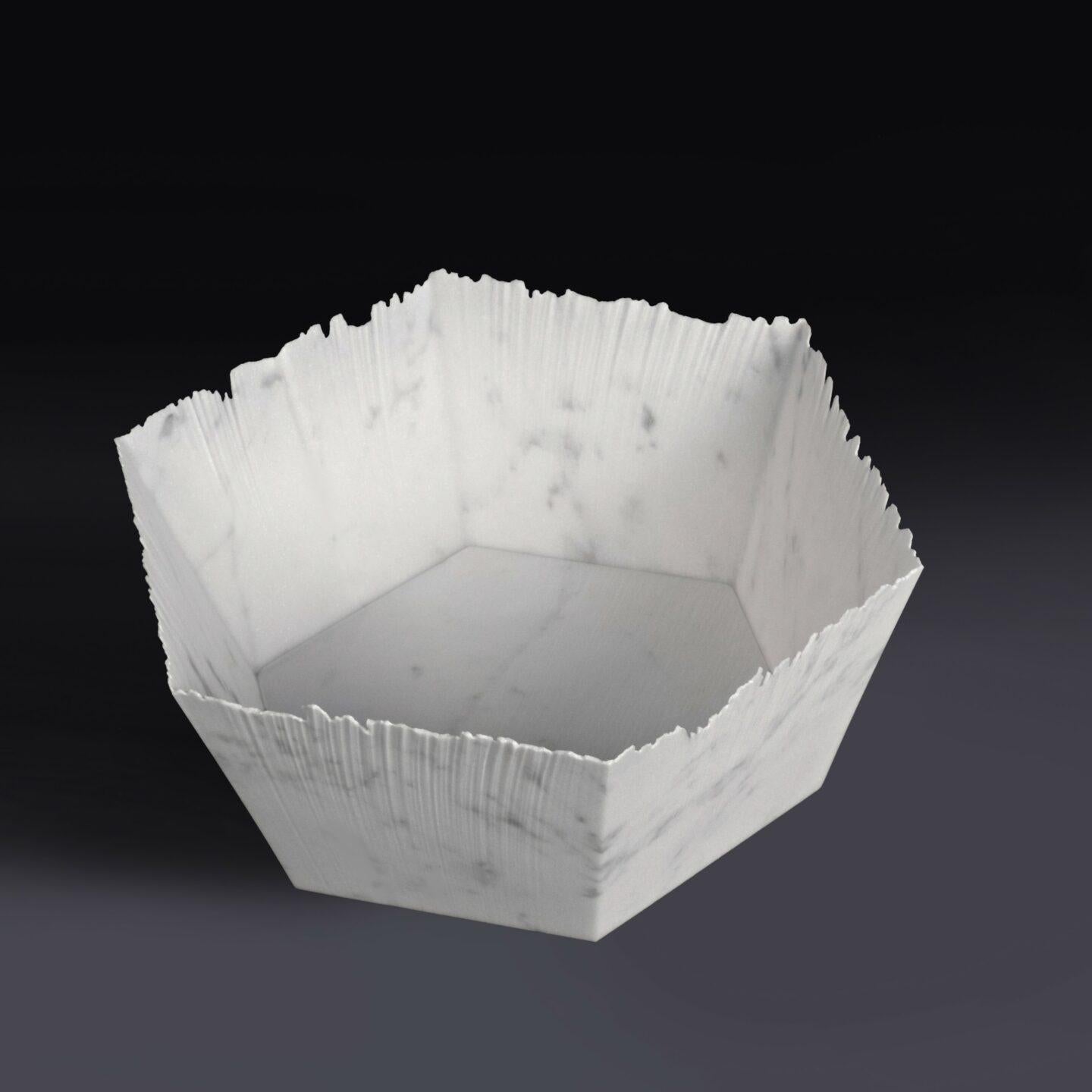 Drap E Hexagonal Decorative Bowl in White Carrara Marble by Bufalini Marmi
Dimensions: D 37 x W 37 x H 11 cm. 
Materials: White Carrara marble.

Available in different sizes, shapes, and stone options. Prices may vary. All our lamps can be wired