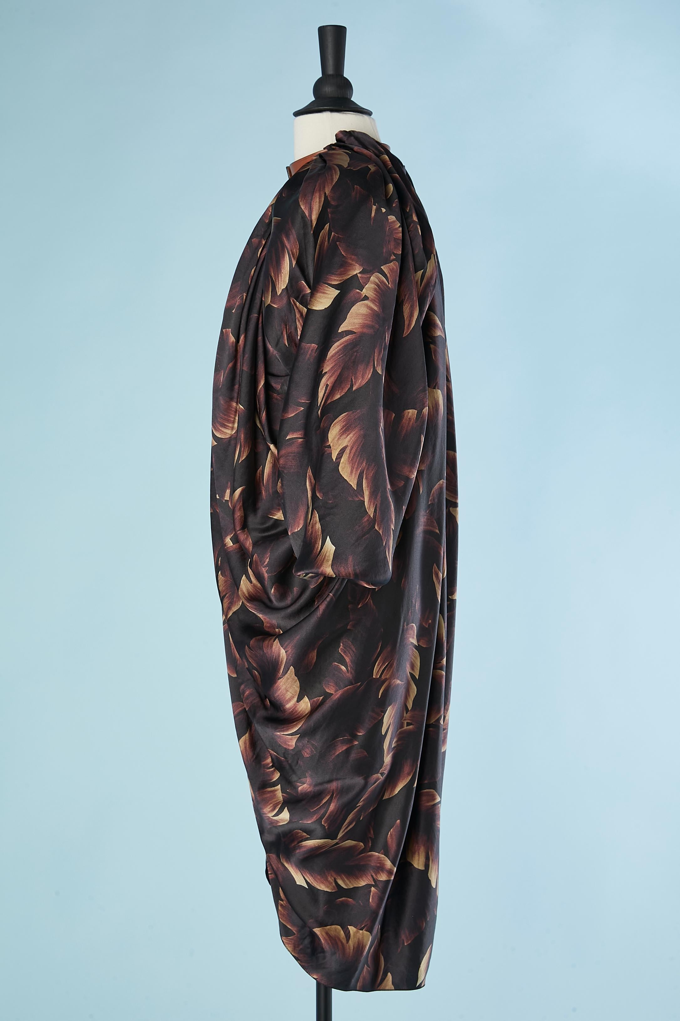 Drape leaf print silk cocktail dress with natural leather necklace Lanvin  For Sale 1