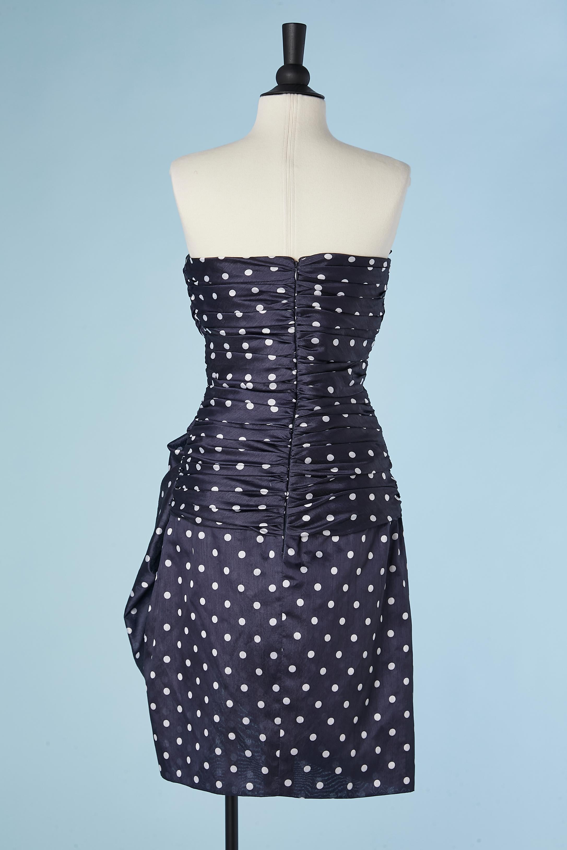 Drape navy bustier cocktail dress with white polkas dots Loris Azzaro  For Sale 1