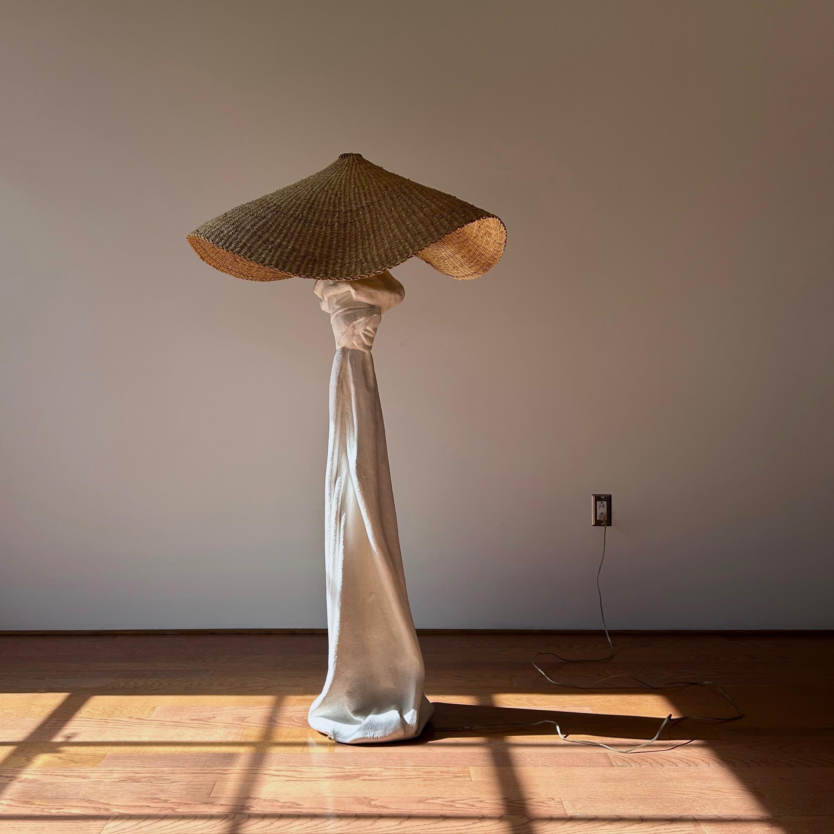 Hollywood Regency Drape Plaster Floor Lamp with Woven Shade