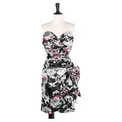 Vintage Draped and printed organza bustier cocktail dress C.D de Christian Dior 