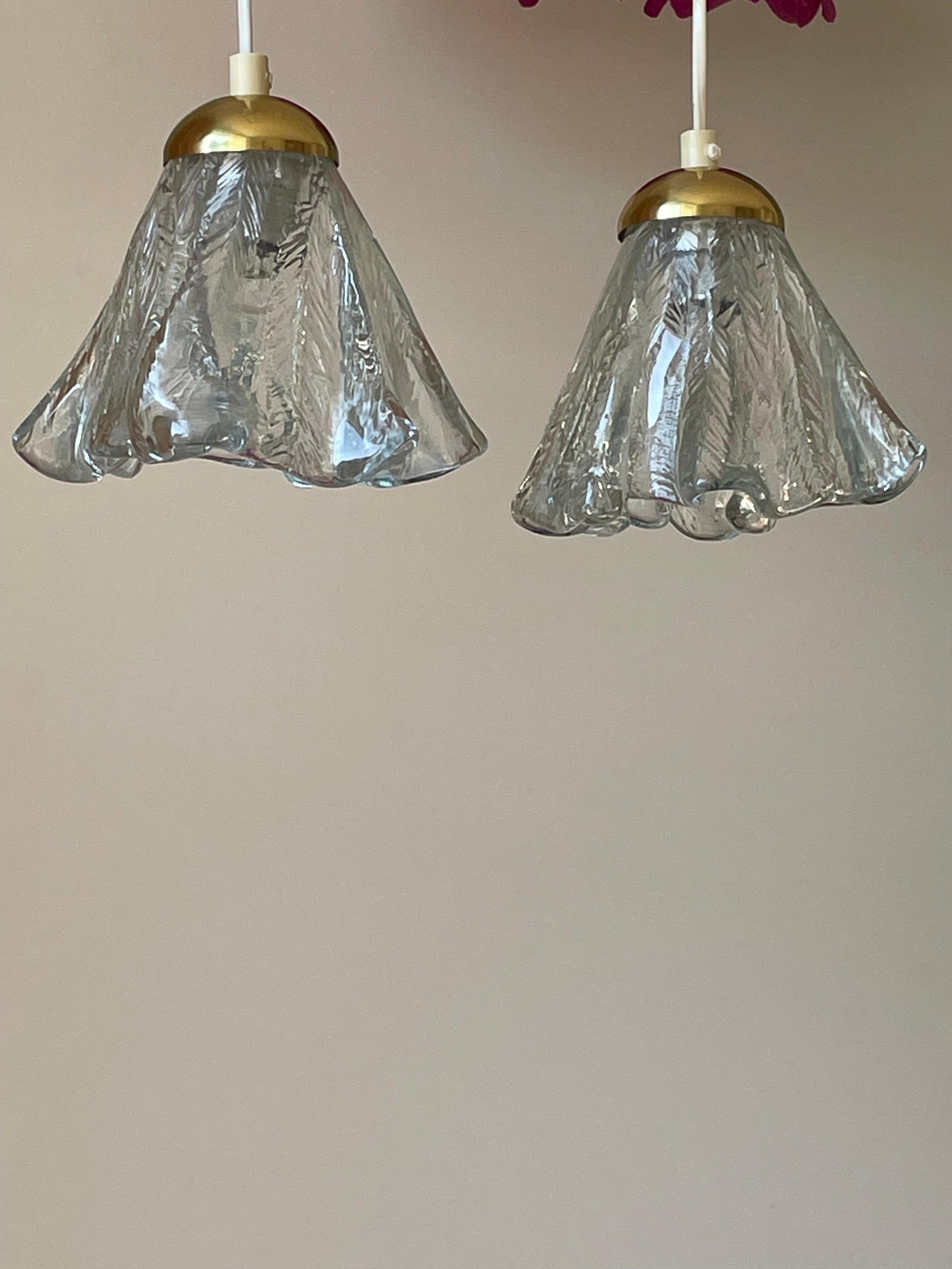Swedish Orrefors Draped Art Glass Pendants on Brass Mount, Sweden, 1960s For Sale