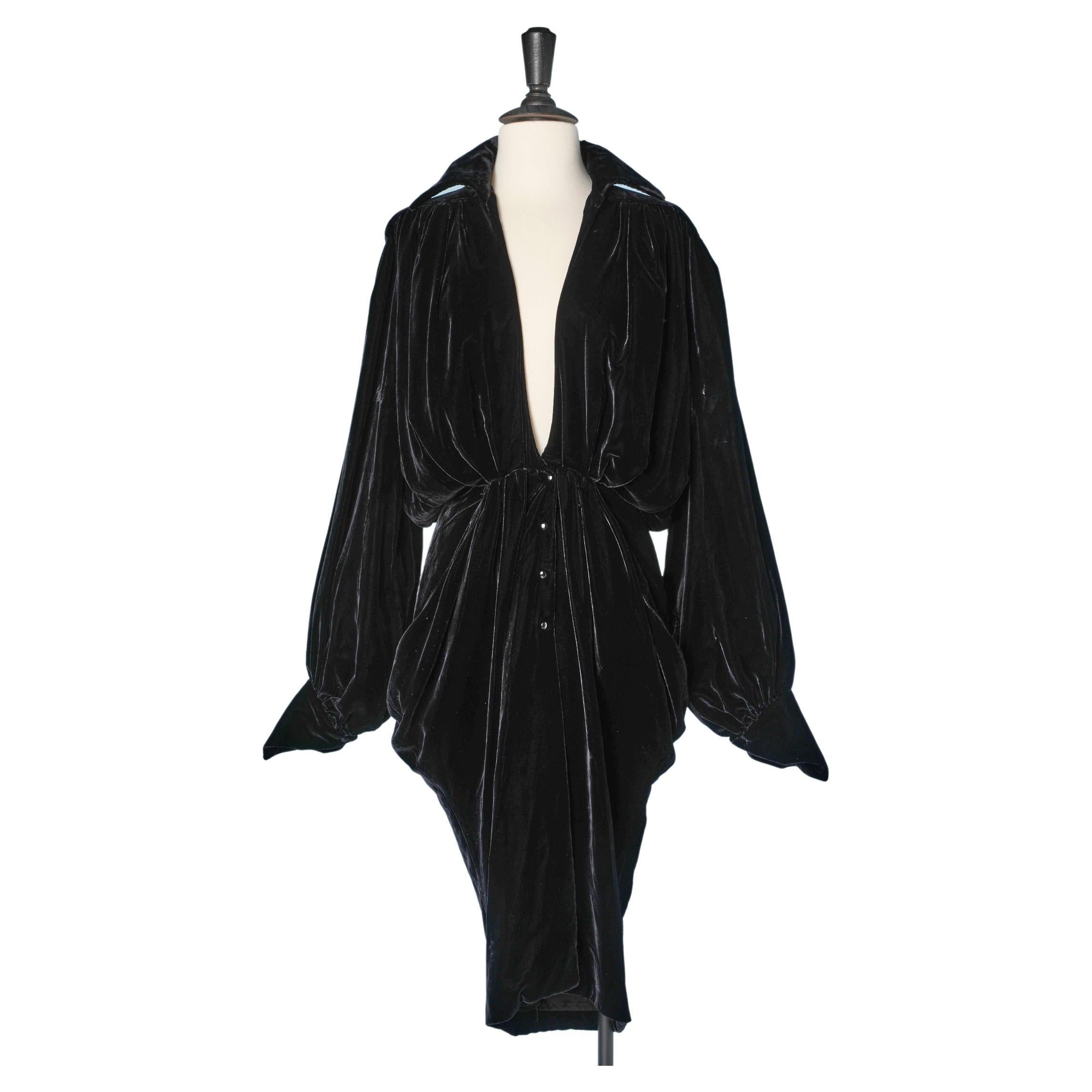 Draped black silk velvet dress  with deep V neckline Thierry Mugler 
