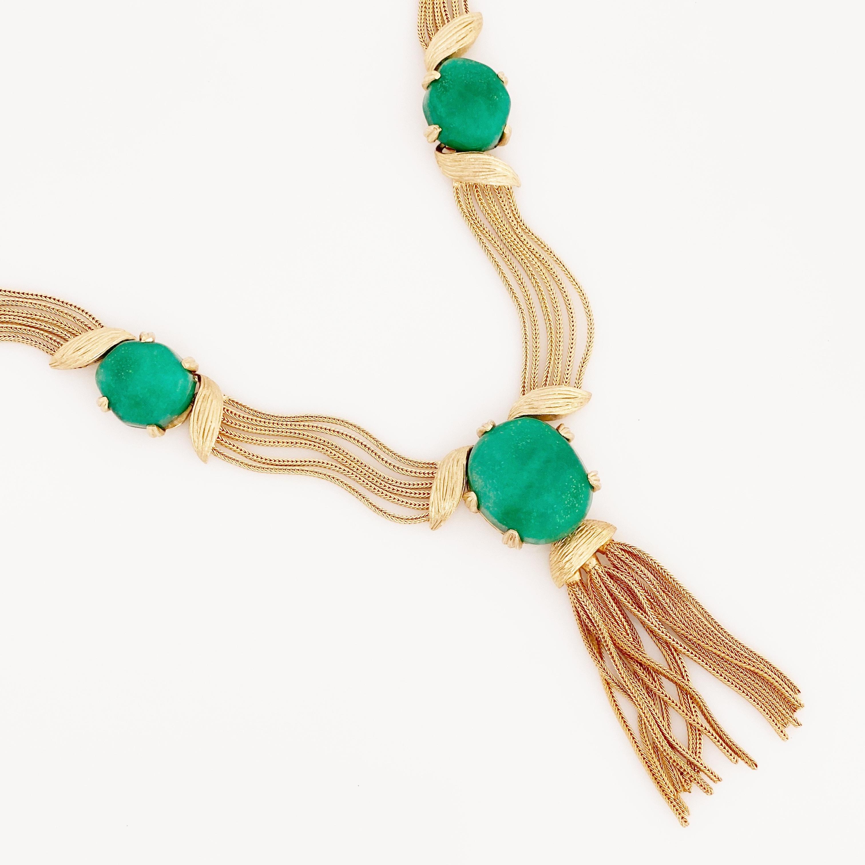Modern Draped Chain Peking Glass Statement Necklace With Tassel, 1970s