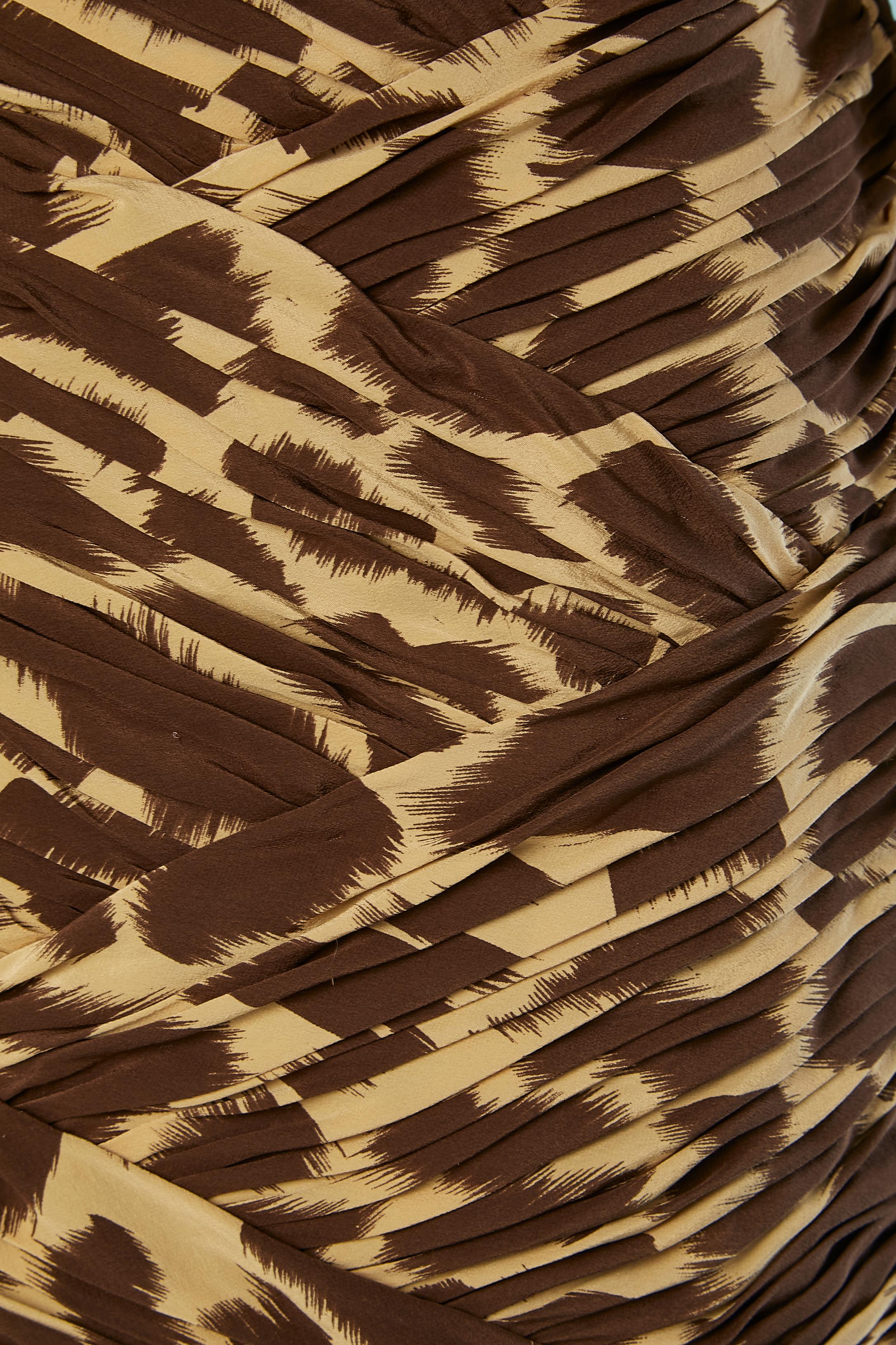 Brown Draped cocktail dress in silk with animal print Fontana Couture Circa 1980's  For Sale