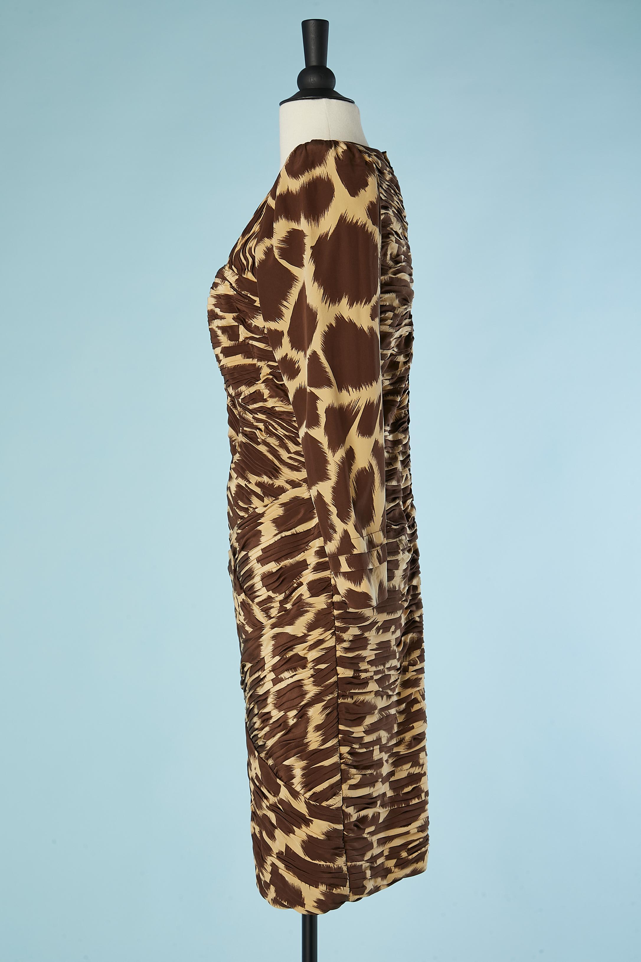 Draped cocktail dress in silk with animal print Fontana Couture Circa 1980's  In Excellent Condition For Sale In Saint-Ouen-Sur-Seine, FR