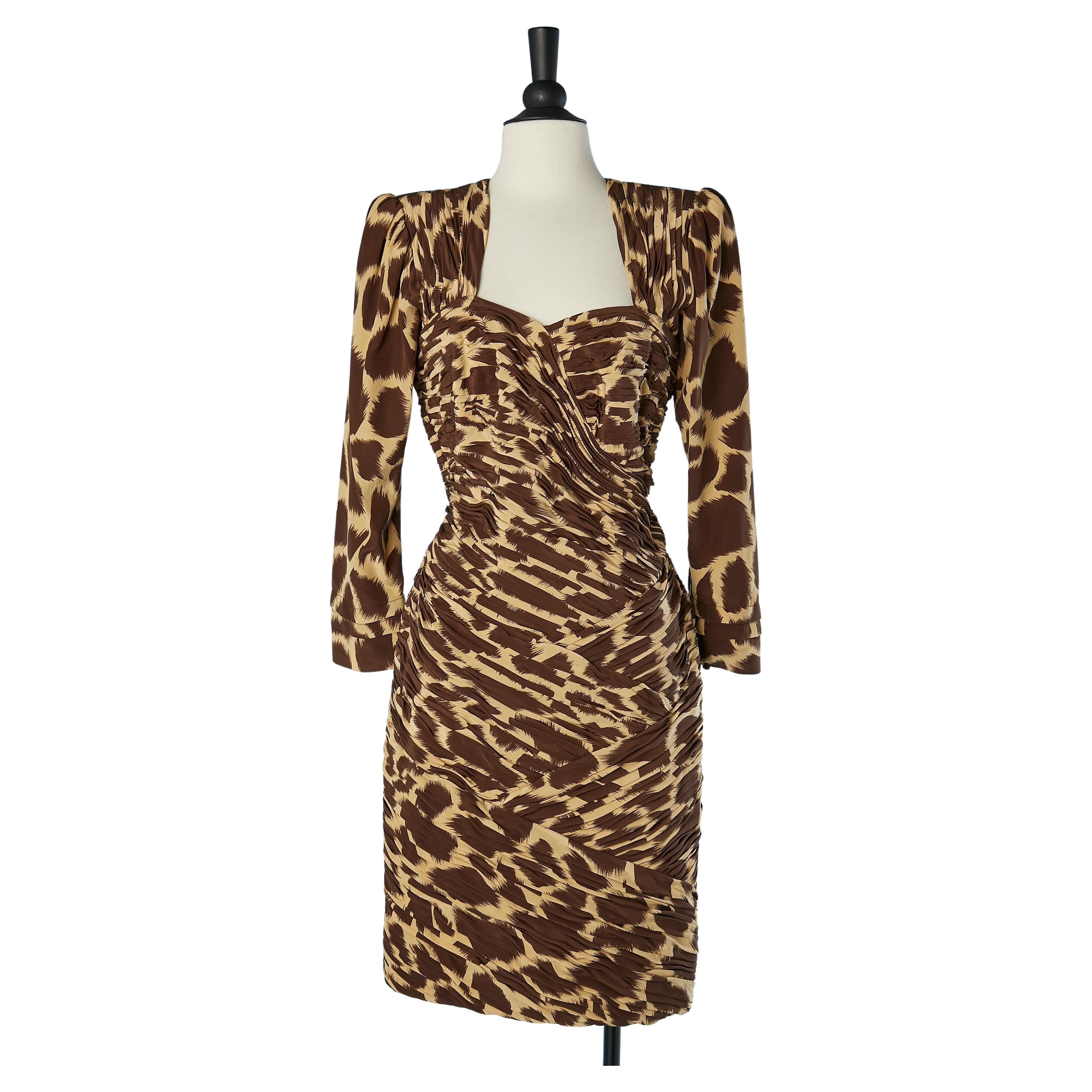 Draped cocktail dress in silk with animal print Fontana Couture Circa 1980's  For Sale