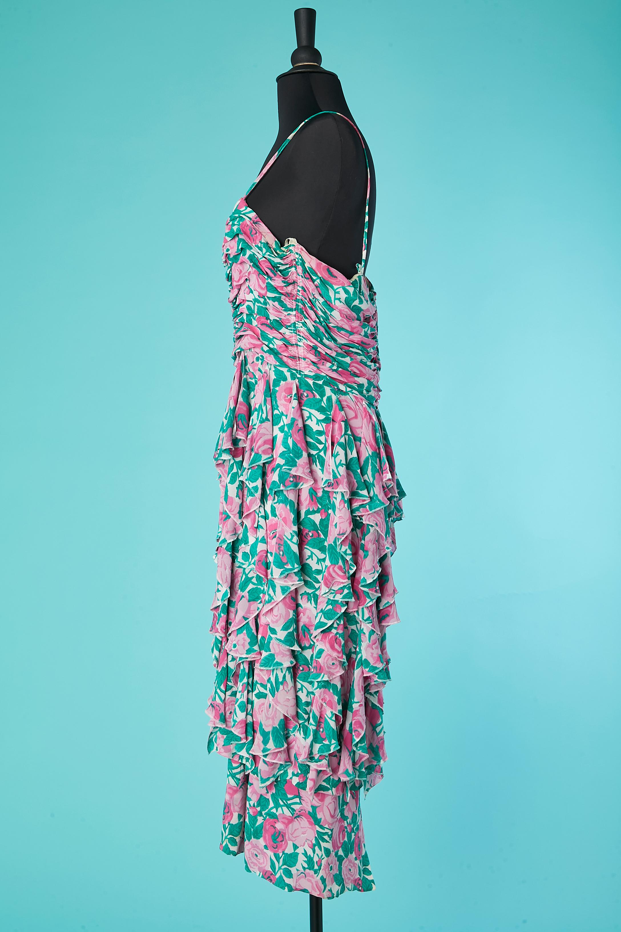 Draped cocktail dress with ruffles and flower print Louis Féraud  In Good Condition For Sale In Saint-Ouen-Sur-Seine, FR