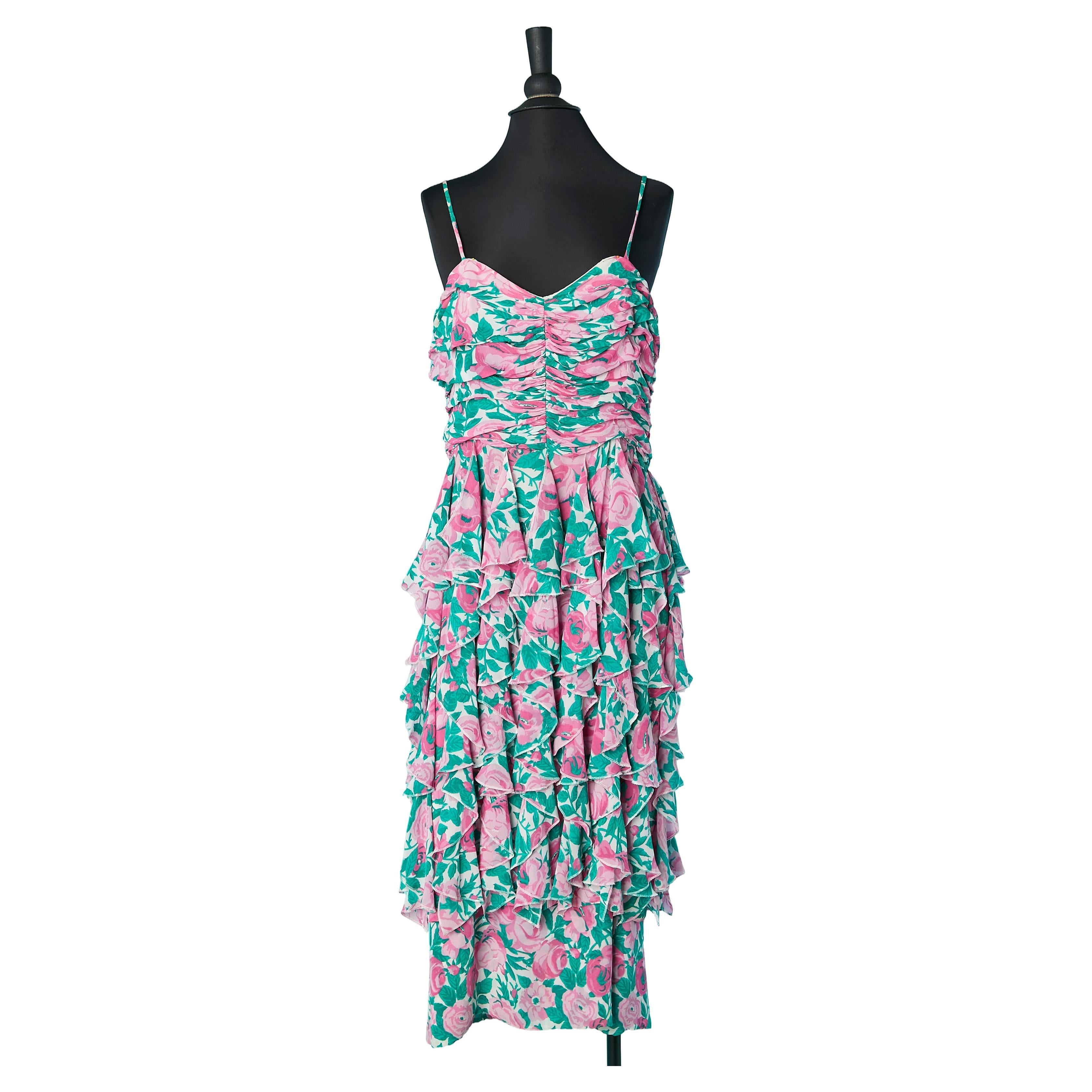 Draped cocktail dress with ruffles and flower print Louis Féraud  For Sale