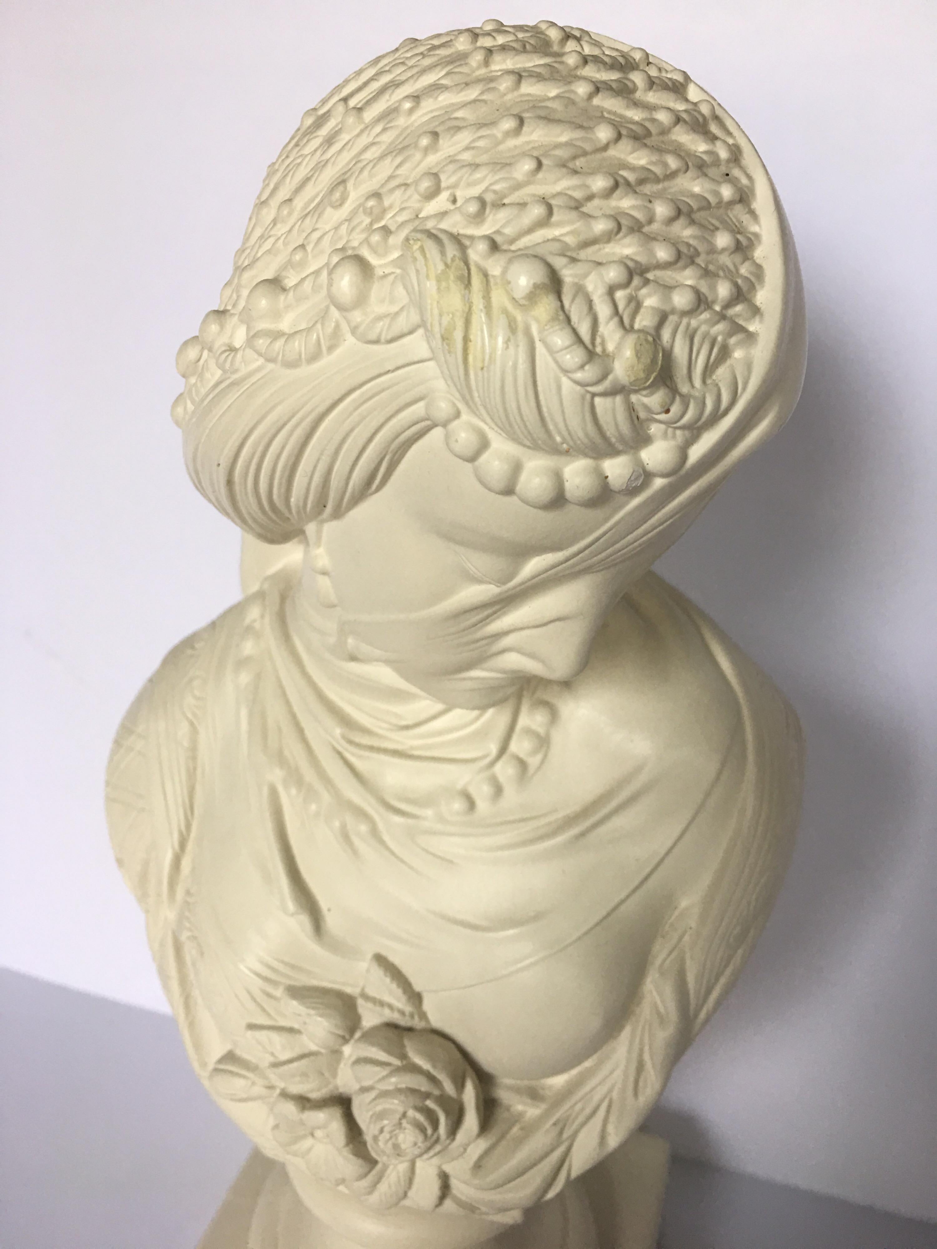 Midcentury museum quality reproduction plaster female veiled bust by Alva Studios, New York.