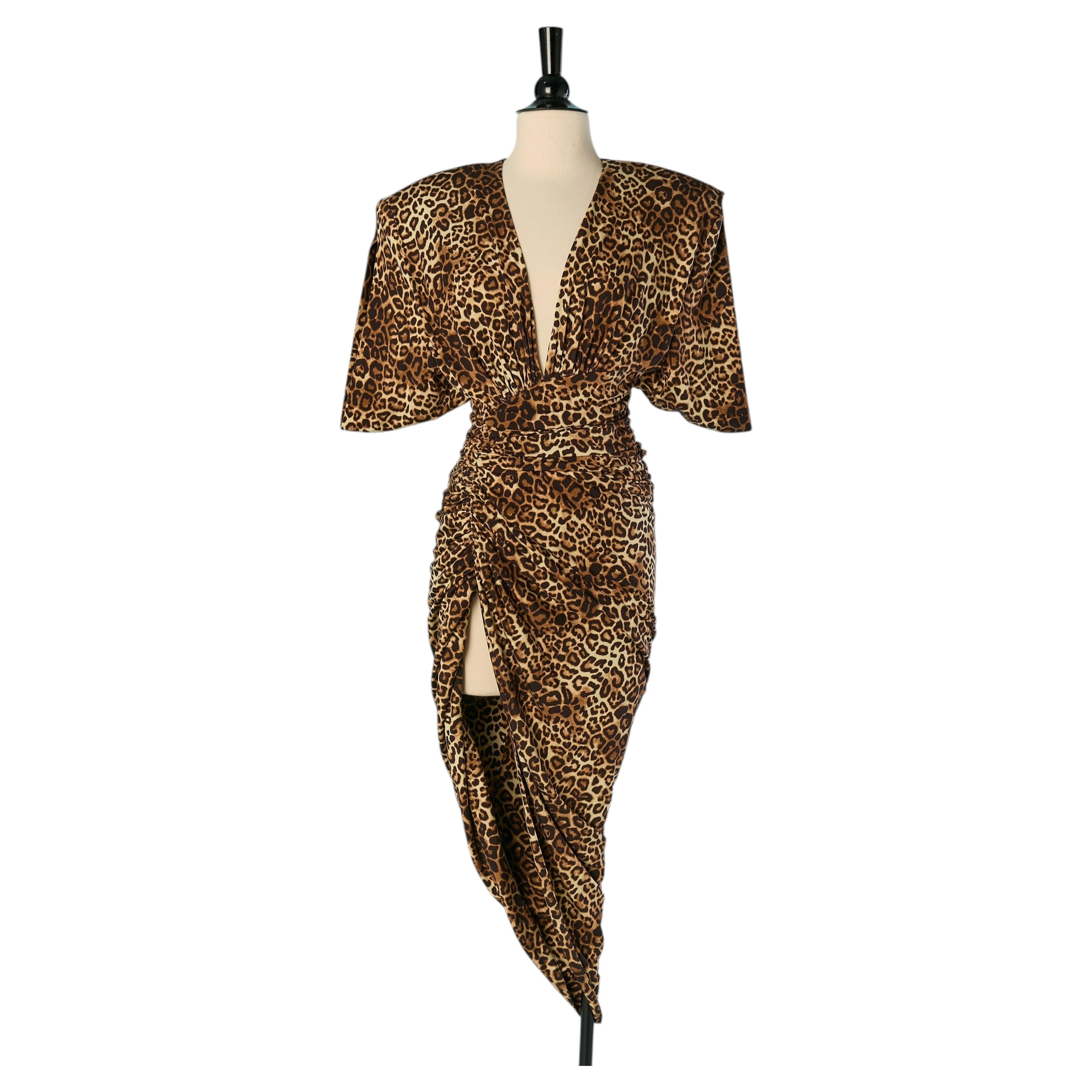 Draped jersey cocktail dress with split and animal print ALEXANDRE VAUTHIER For Sale