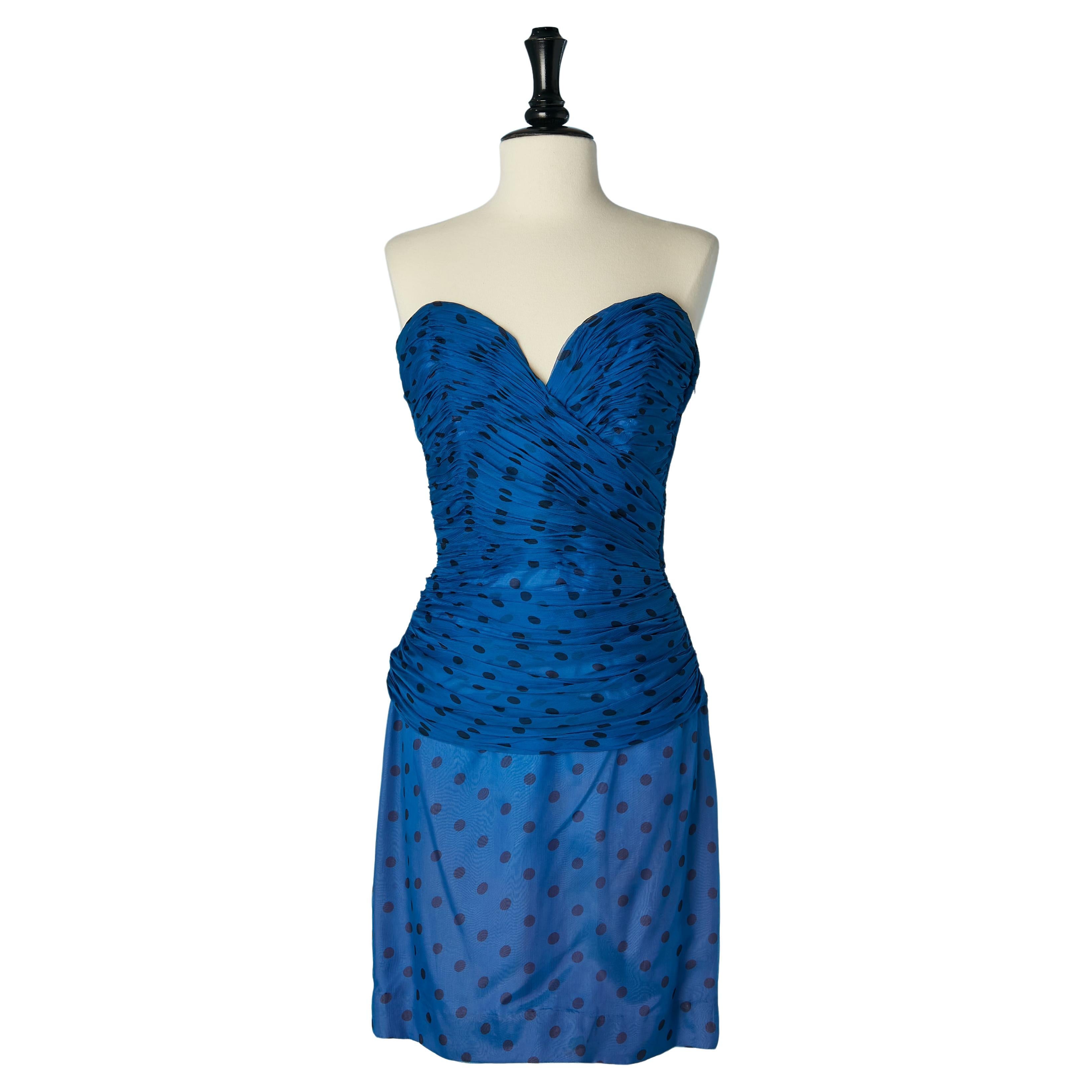 Draped mini bustier dress in silk chiffon with Polka dot Vicky Tiel for N Marcus For Sale