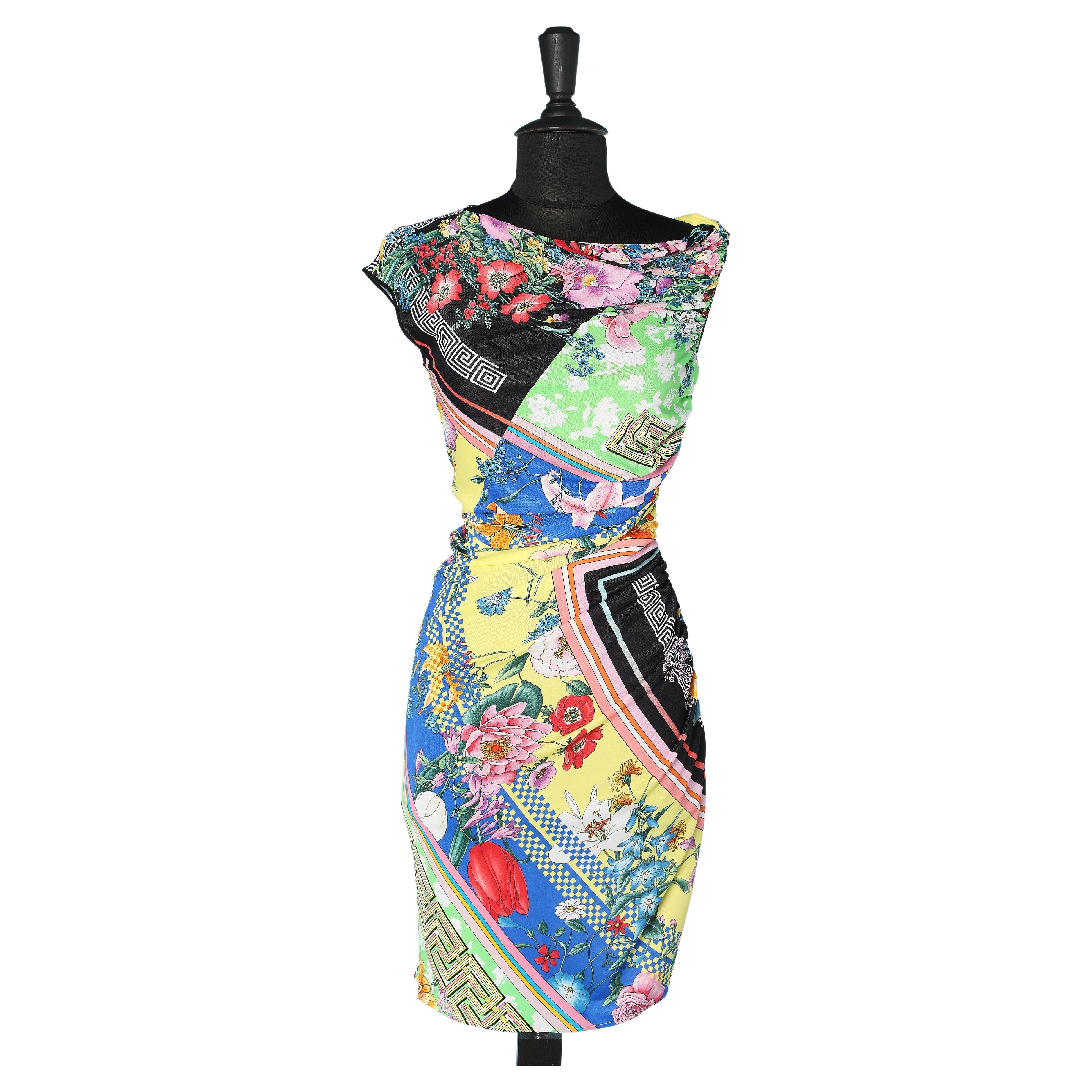 Draped Multicolor printed dress in jersey Versace  For Sale