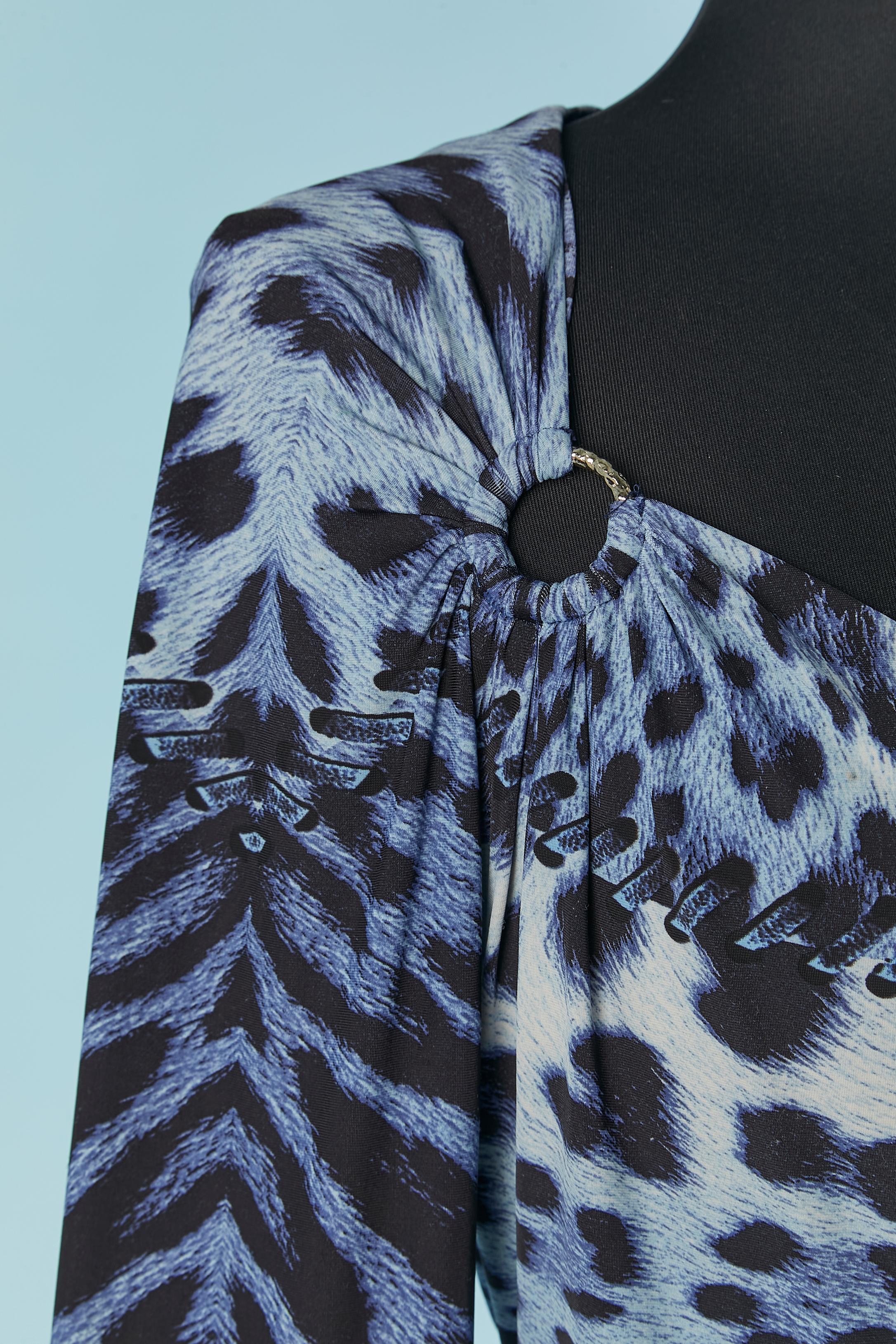 Purple Draped printed jersey dress with gold metal ring ROBERTO CAVALLI For Sale