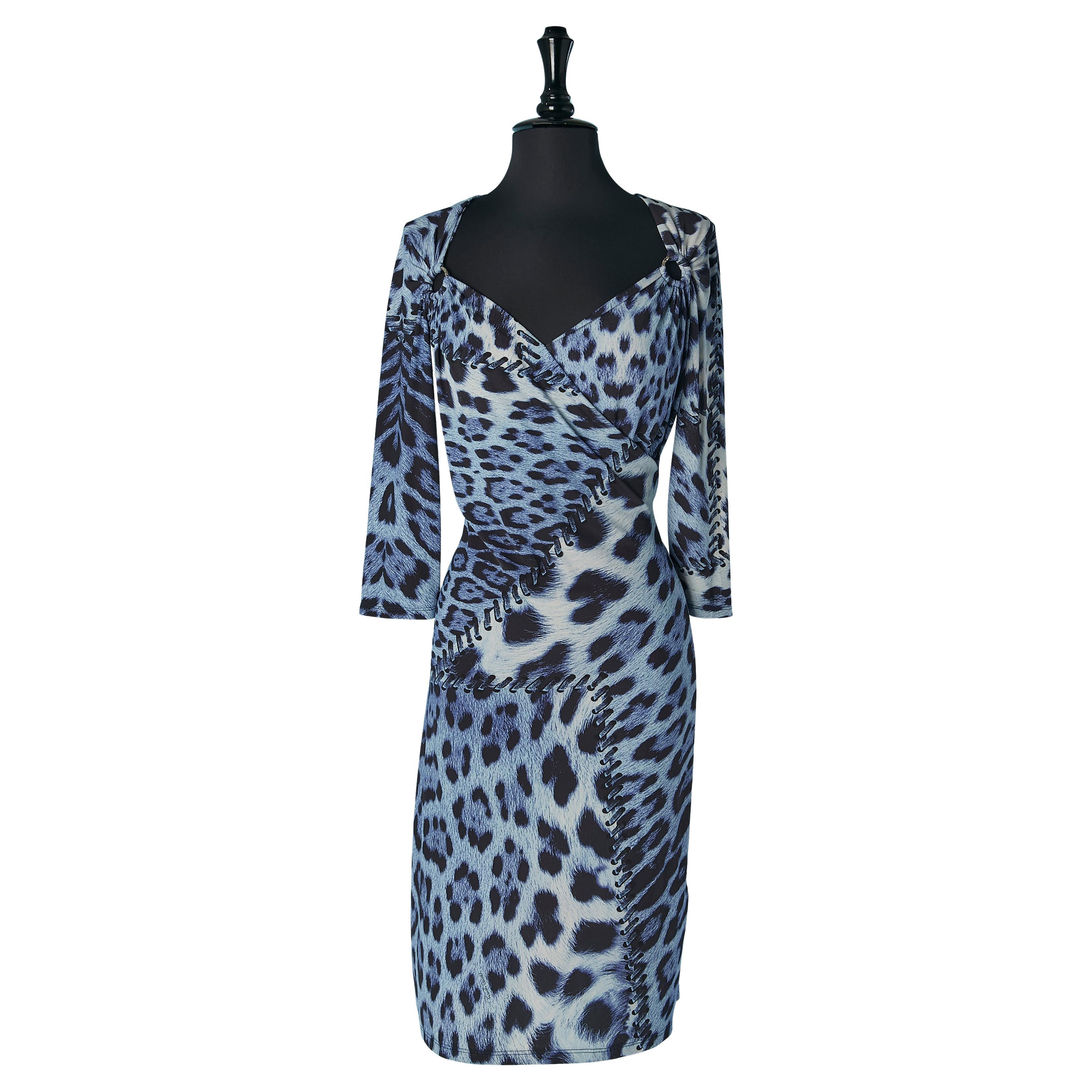 Draped printed jersey dress with gold metal ring ROBERTO CAVALLI For Sale