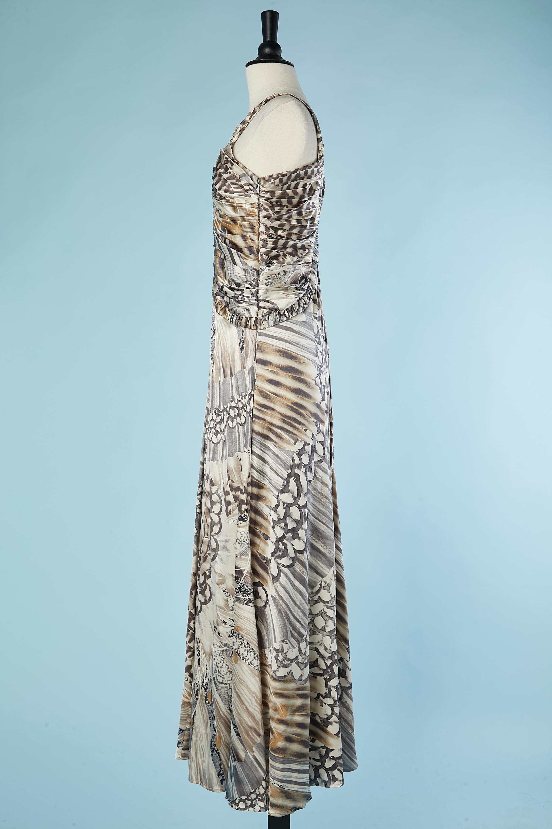 Roberto Cavalli - Robe de cocktail drapée en soie avec imprimé serpent et plumes  Pour femmes en vente