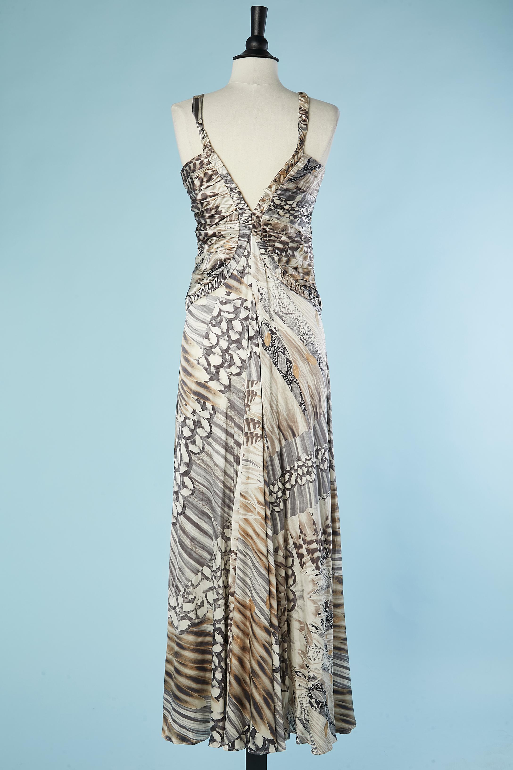 Draped silk cocktail dress with snake and feathers print CLASS Roberto Cavalli  For Sale 1