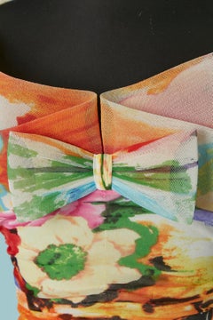 Draped stretch tulle cocktail dress with flower print and bow La Perla