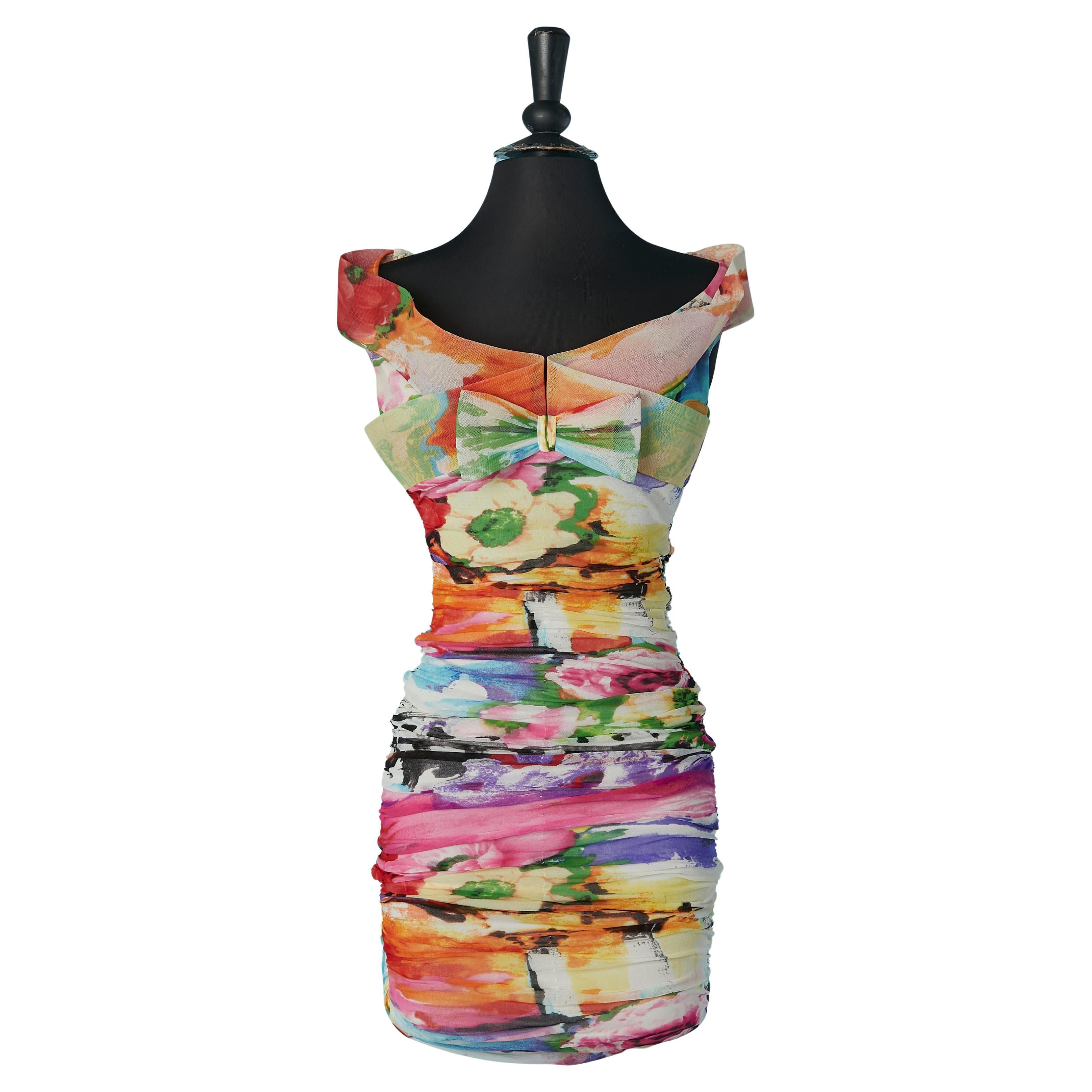 Draped stretch tulle cocktail dress with flower print and bow La Perla For Sale