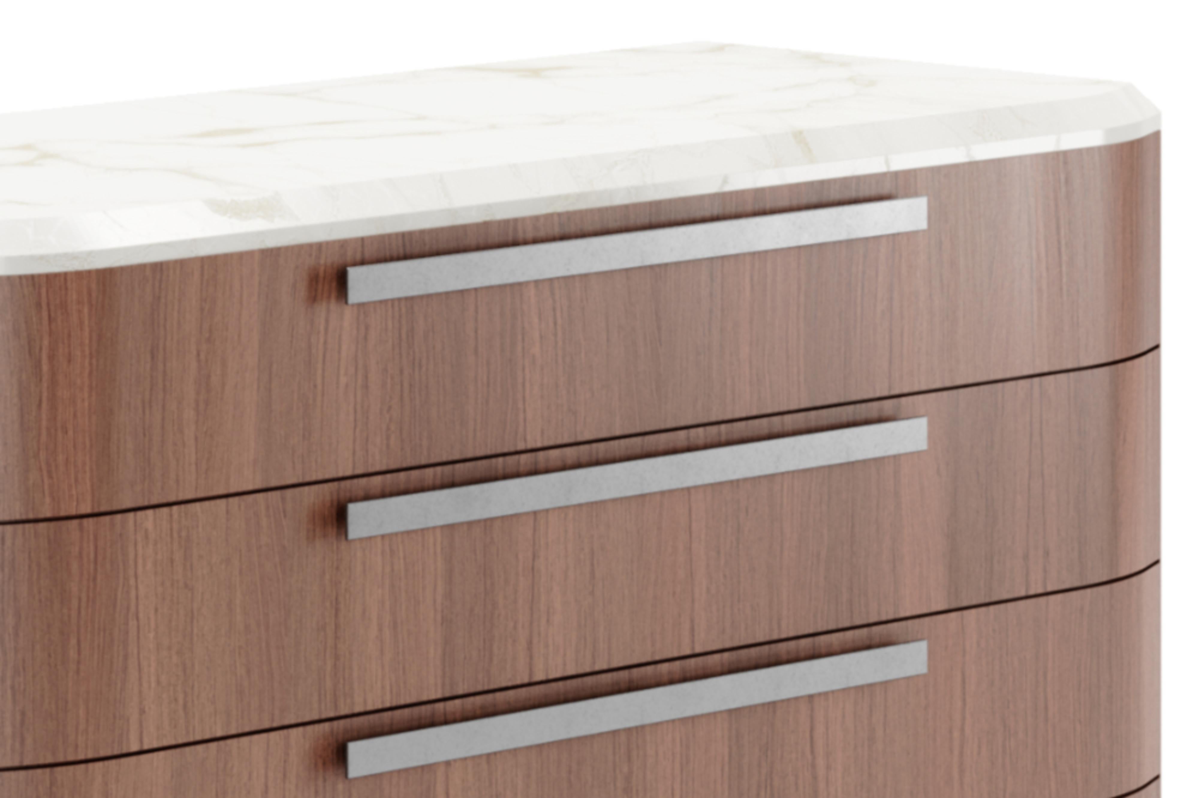 Modern Contemporary Chest of Drawers, Wallnut Veneere Case, Marble top and Metal Handle For Sale