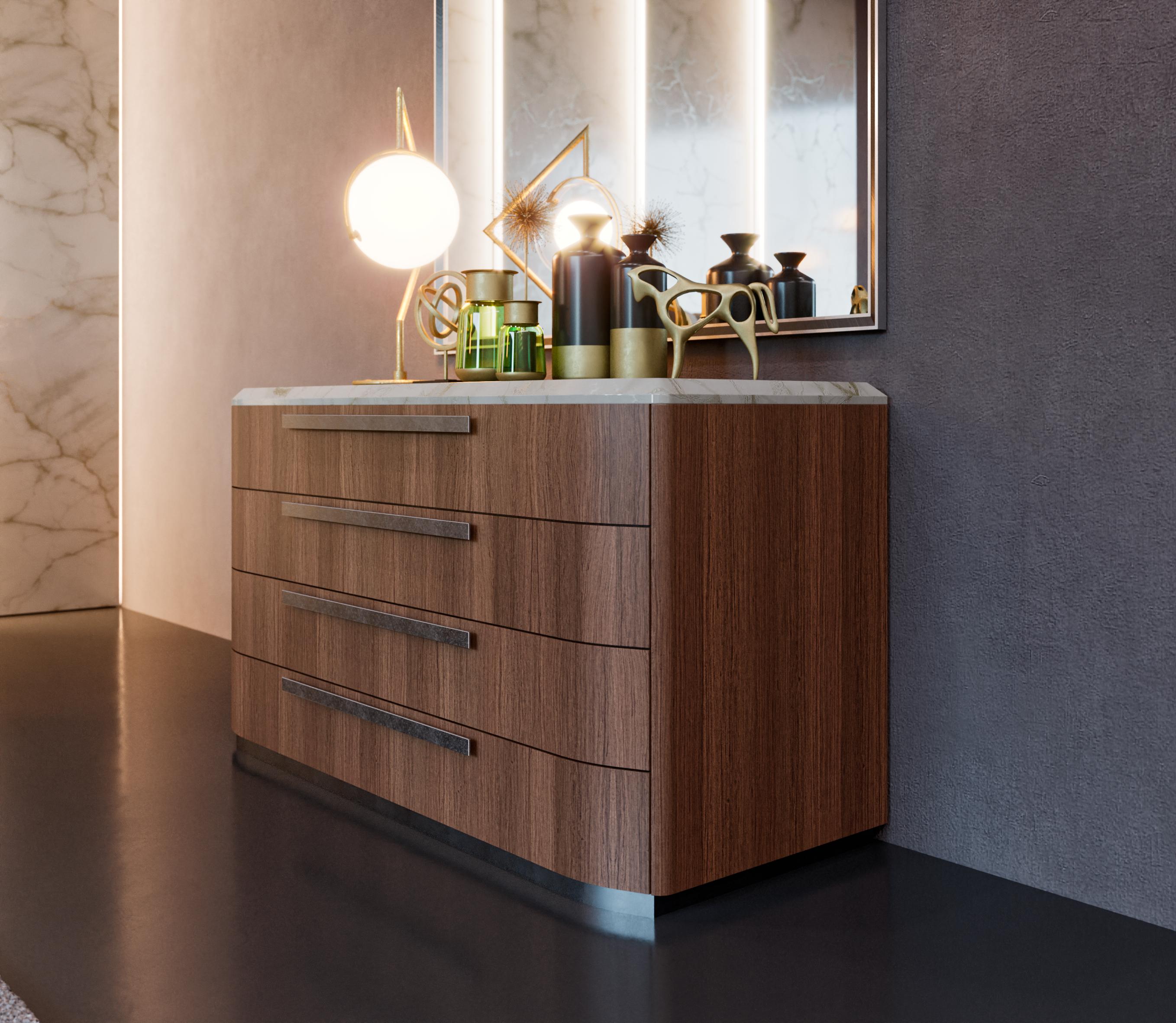 Fait main Commode contemporaine, coffret en placage de noyer, dessus en marbre et poignée en métal en vente