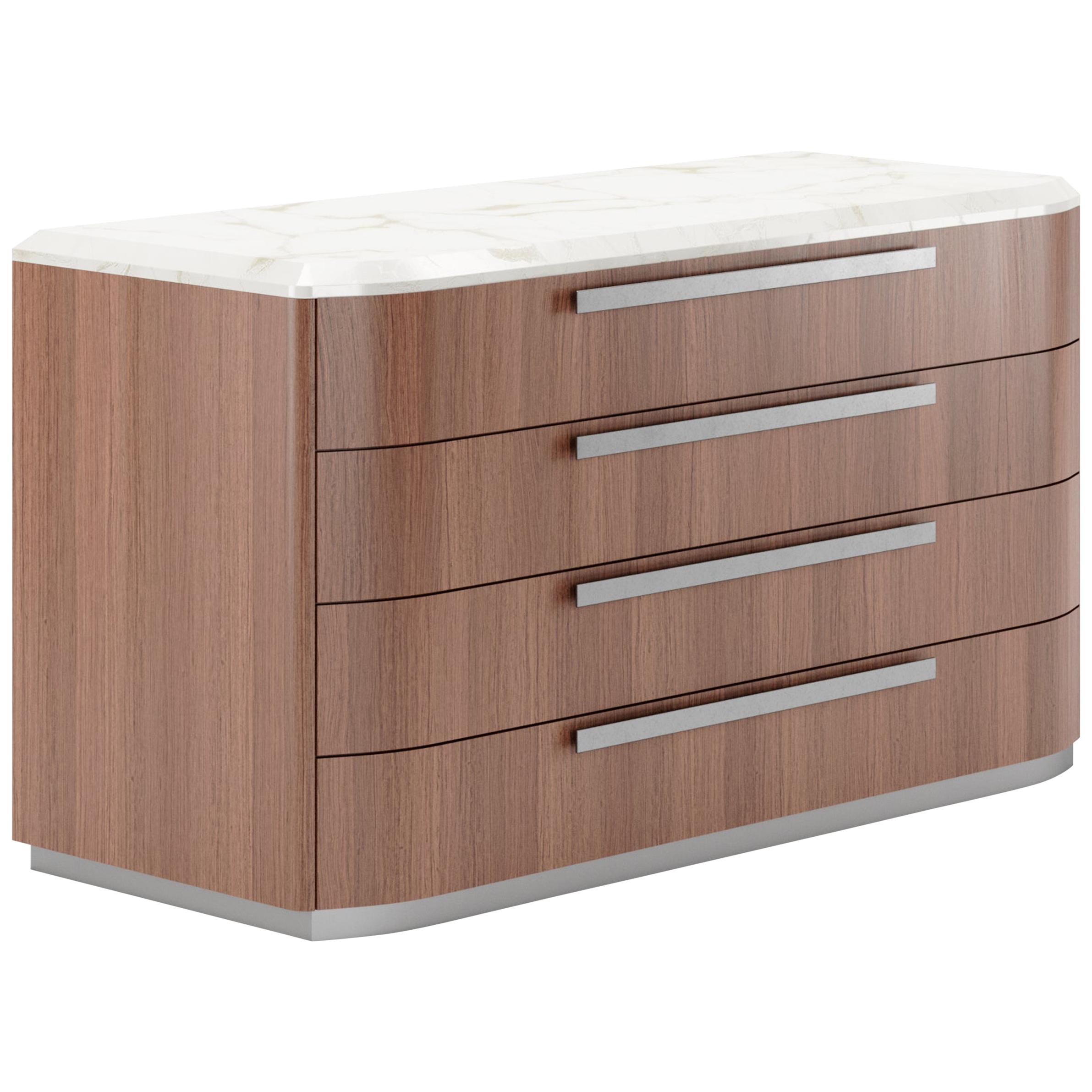 Contemporary Chest of Drawers, Wallnut Veneere Case, Marble top and Metal Handle For Sale