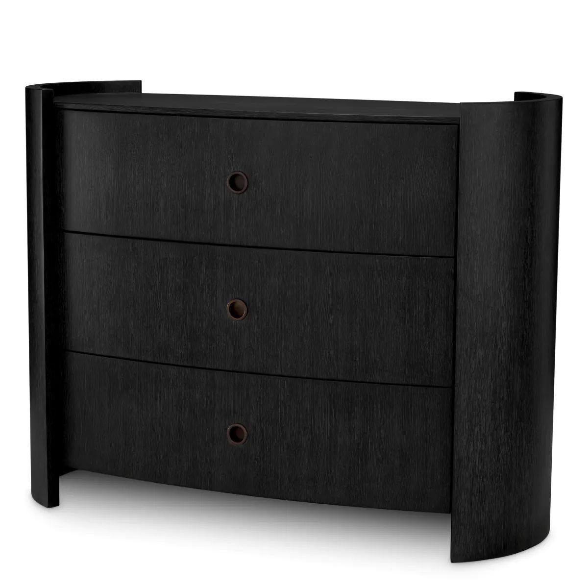 This drawer dresser in charcoal grey oak veneer with a bronze finish offers a refined blend of modern elegance and practical storage. Designed with smooth oval-shaped details that soften its linear silhouette, the drawer dresser brings depth,