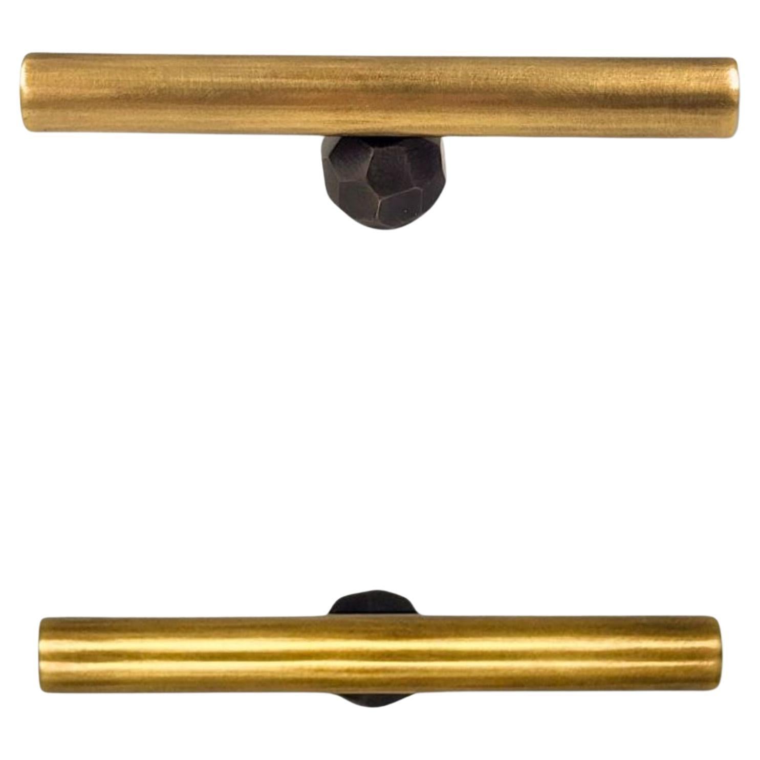 Drawer pull in aged gold brass with hammered gunmetal button  10 cm