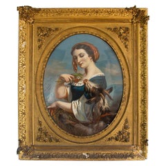 Dessin d'après Hugues Merle " Paysan avec une chèvre "  Pastel - Encadré - 19e