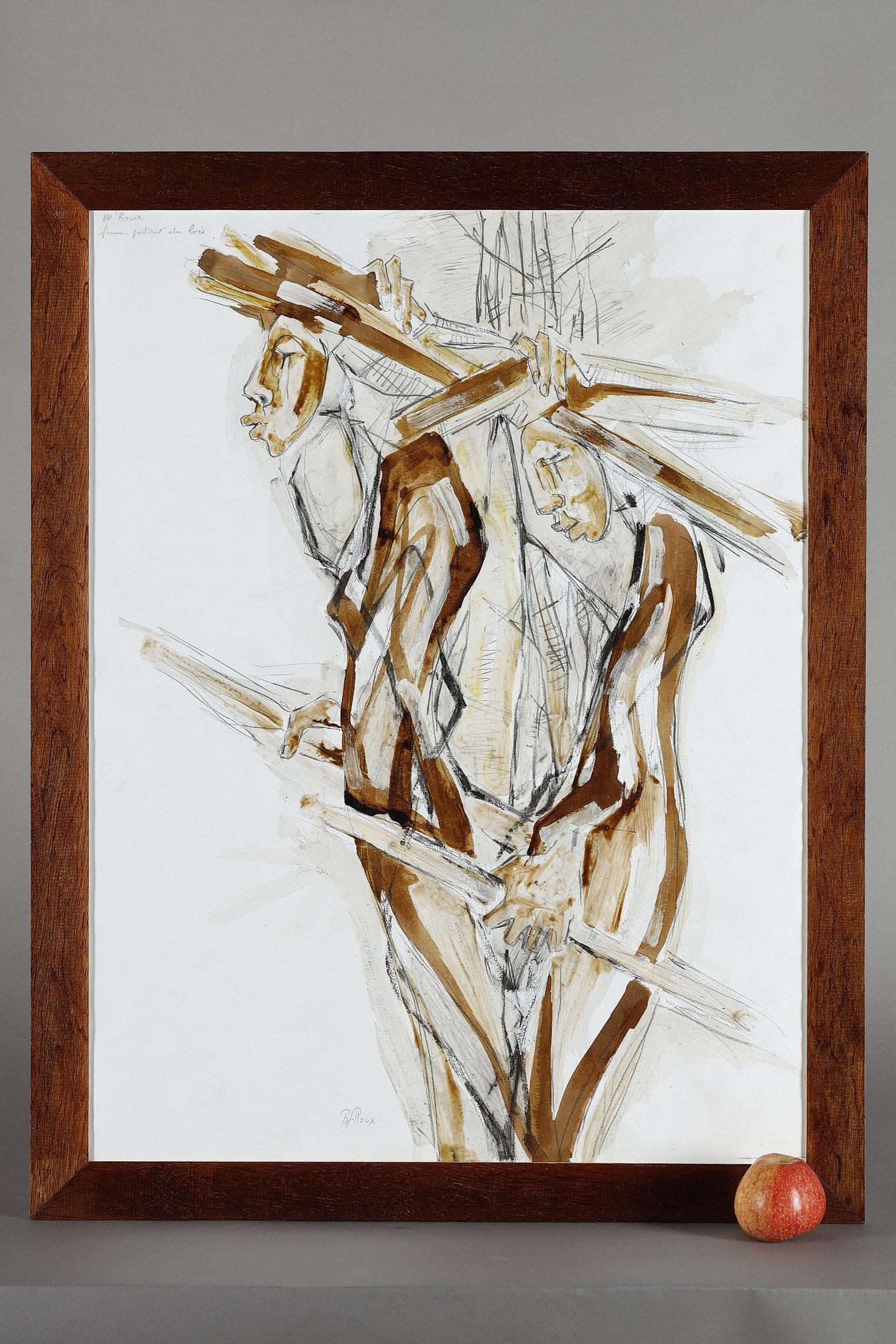 Pencil drawing enhanced with paint on paper mounted on a plywood support and frame, signed by Pôl Roux and titled 