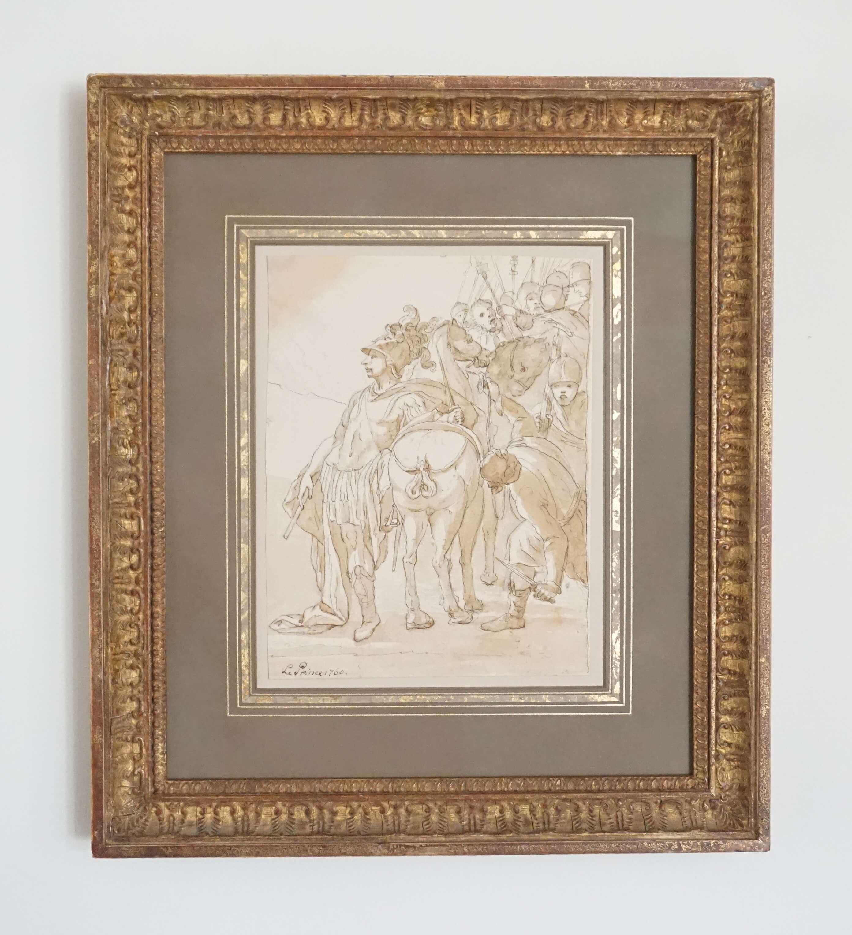 A black ink and sepia wash drawing by French artist Jean-Baptiste Le Prince of a classical scene of Roman soldiers with camel signed and dated lower left. This work is page cut from a sketch-book as it is double sided (reverse is a charcoal sketch