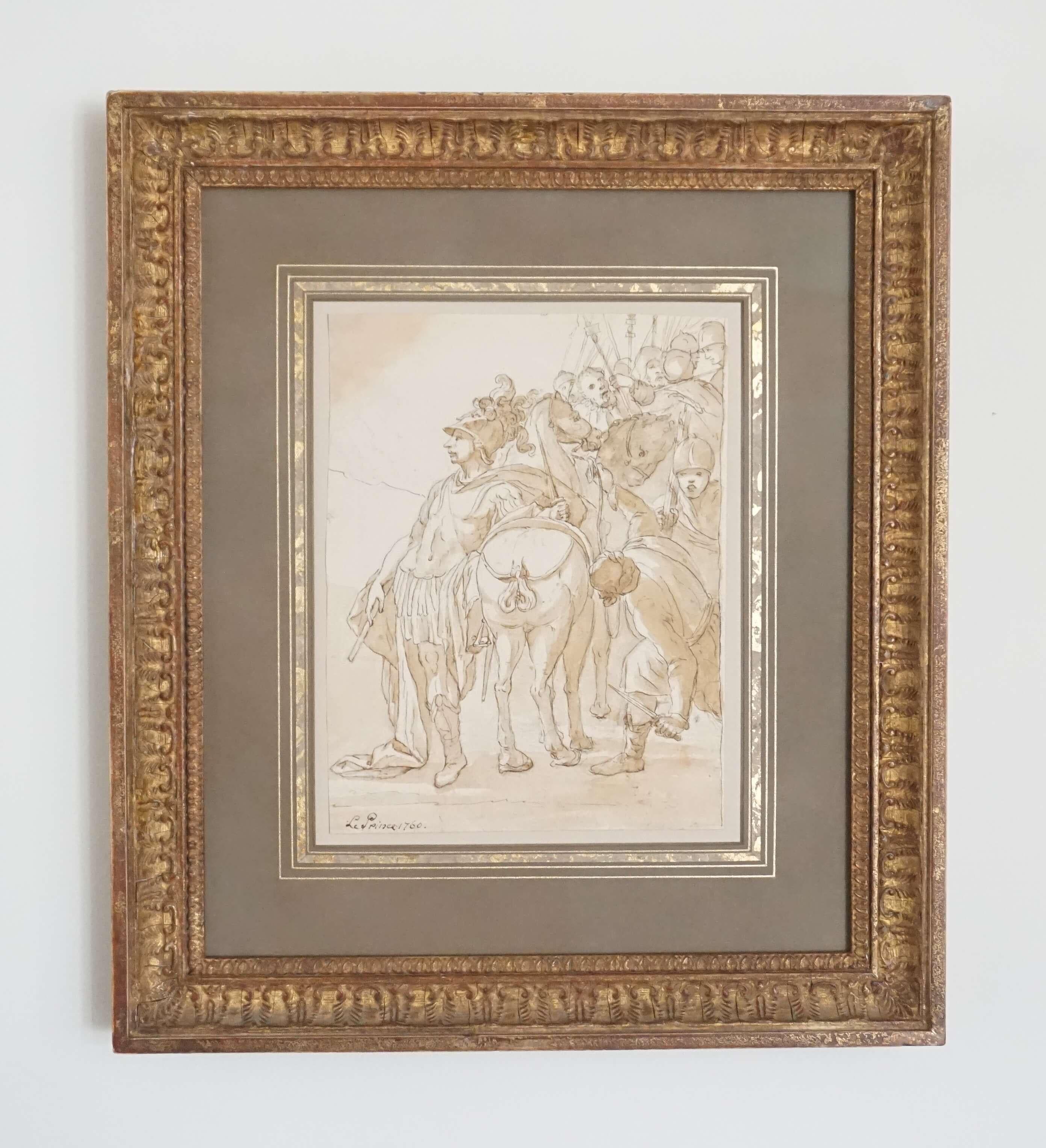 Die schwarze Tinte und sepiafarbene Zeichnung des französischen Künstlers Jean-Baptiste Le Prince von einer klassischen Szene römischer Soldaten mit Kamel signiert und datiert unten links. Dieses Werk ist doppelseitig geschnitten (auf der Rückseite