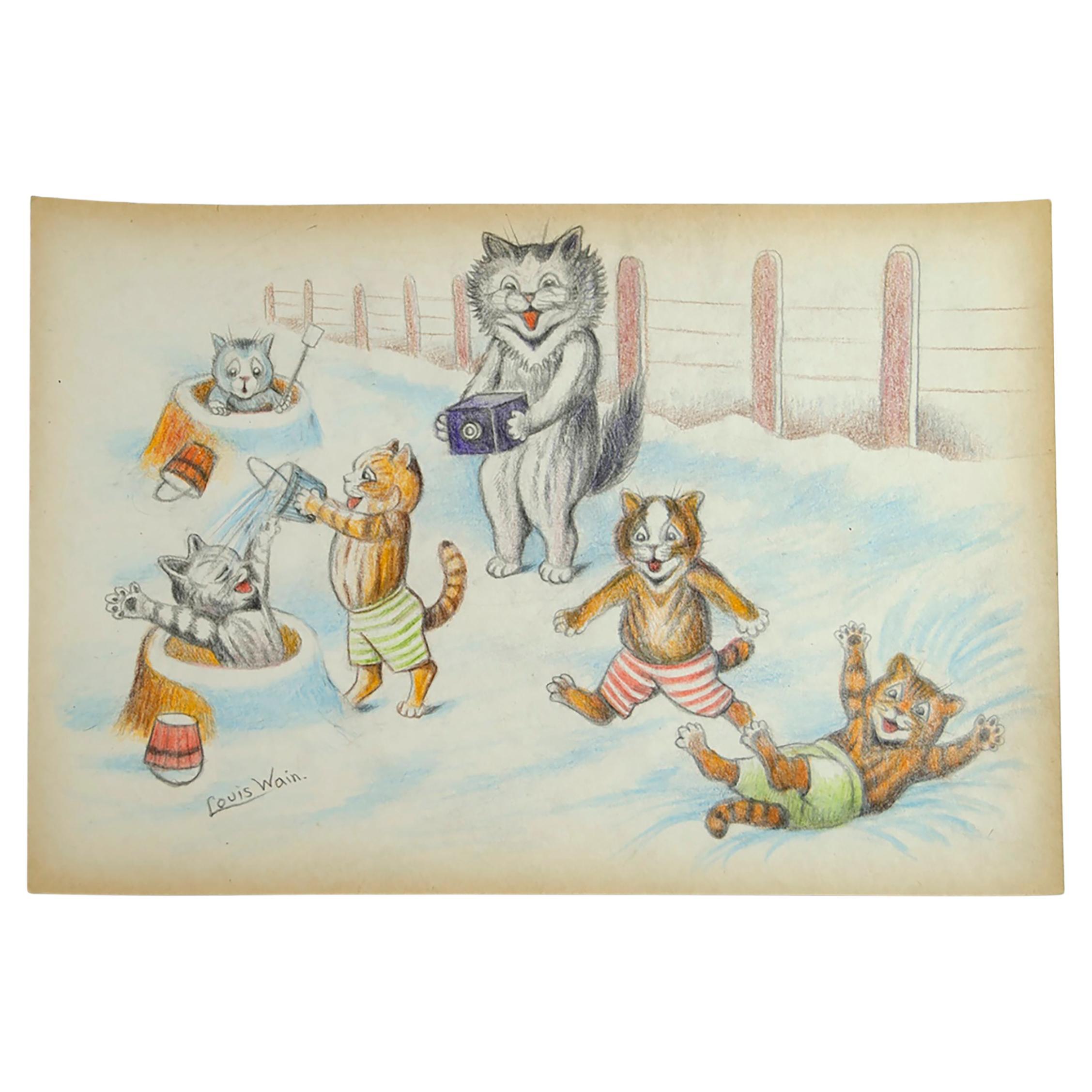 Drawing by Louis Wain "cats playing in the snow"