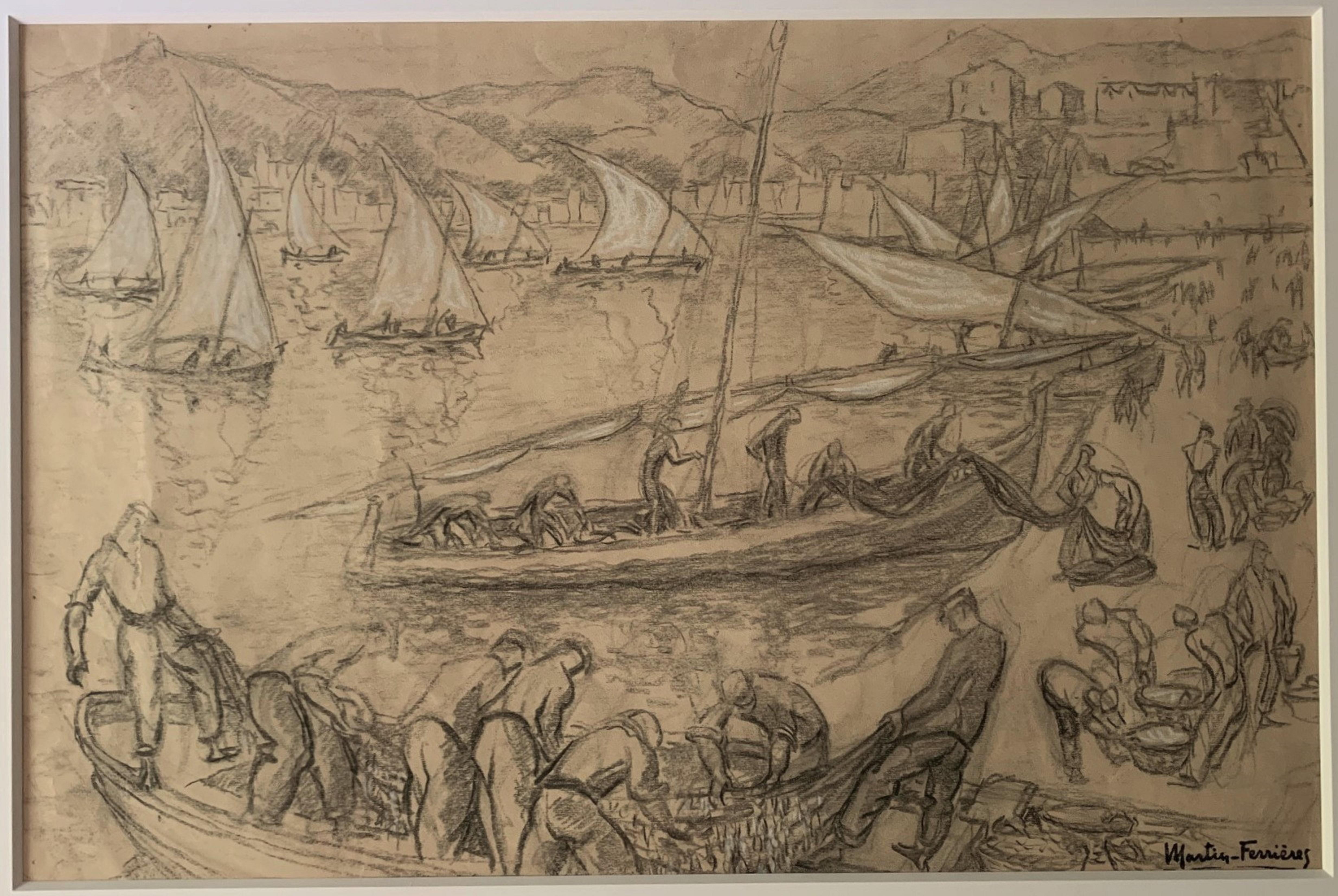 Kohlezeichnung und weiße Kreidestriche auf Papier.
Collioure, Rückkehr vom Fischfang.
Signiert unten rechts.

Jacques Martin-Ferrieres (1893-1972).
Er befindet sich seit seiner Geburt in einer komplizierten Situation. Seine Familie und die Künste