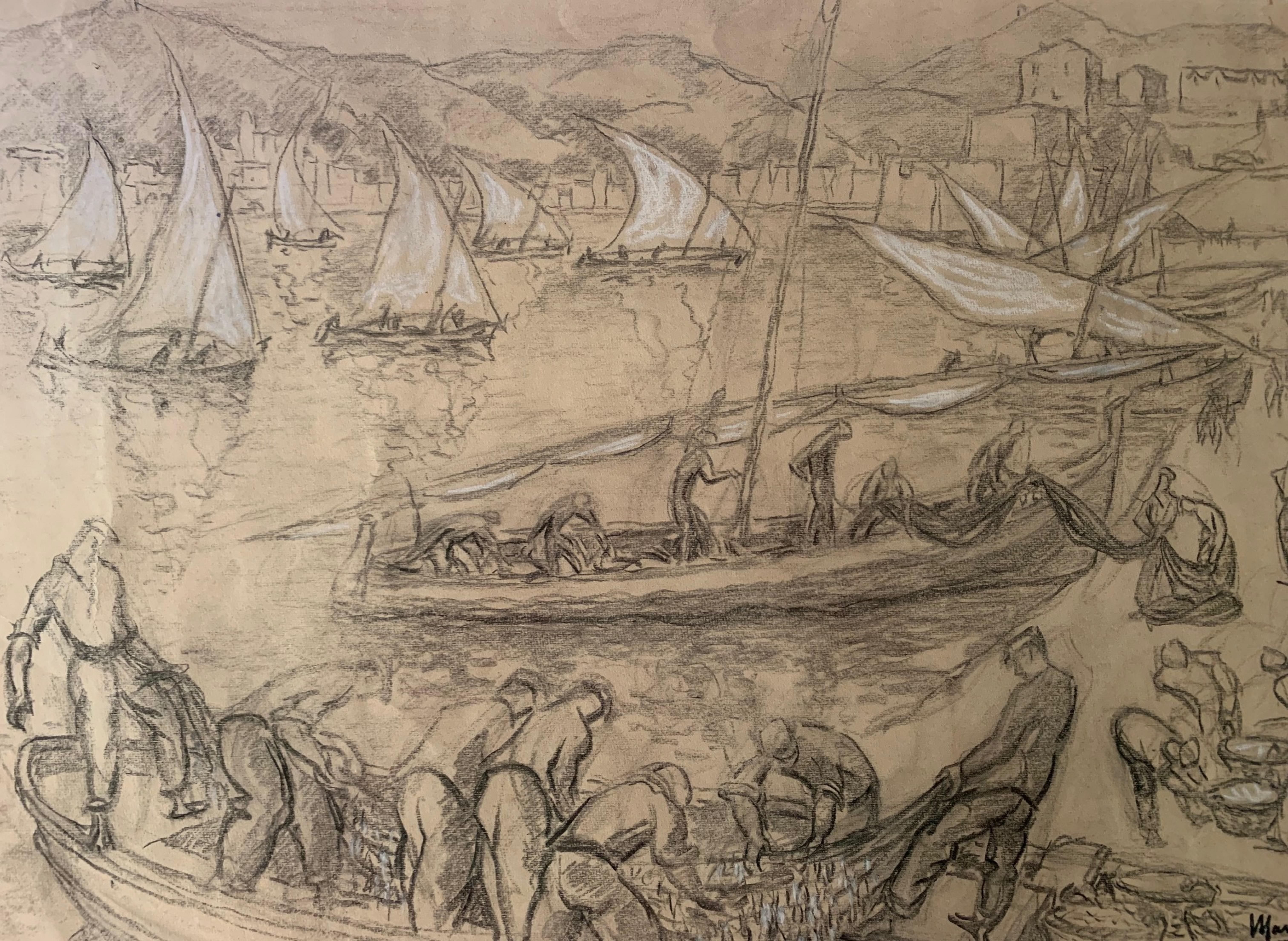 Hand-Painted Drawing Collioure by Martin-ferrières For Sale