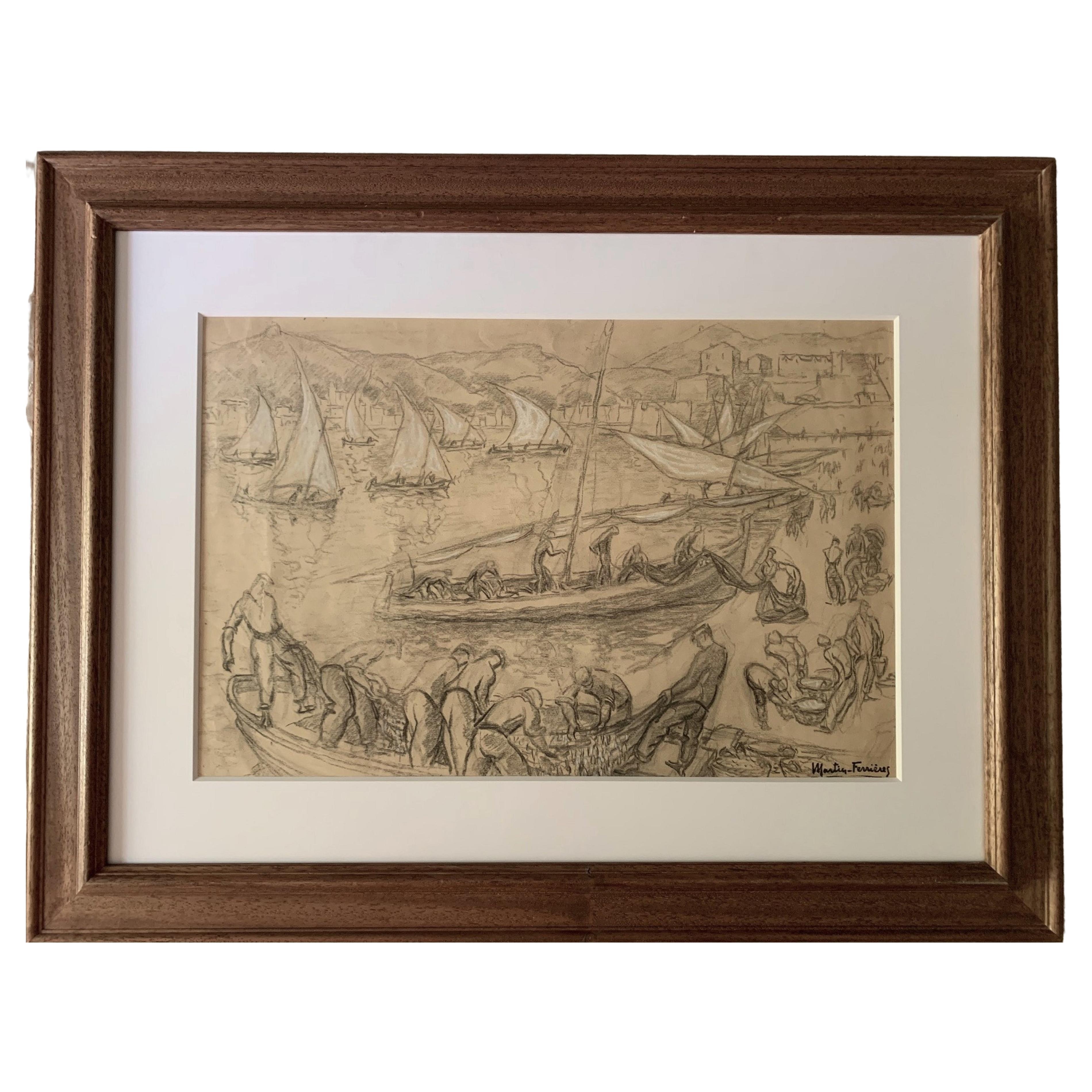Drawing Collioure by Martin-ferrières For Sale
