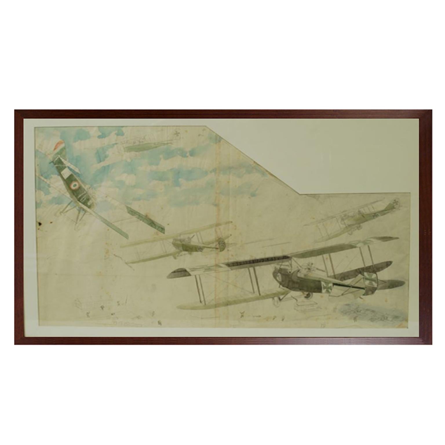 Watercolor and pencil drawing by Riccardo Cavigioli that depicts five fighting biplanes; the scene describes the attack against an Italian camp. On the left= single-seater biplane fighter Hanriot HD 1 produced under license by Macchi in 1916. On the