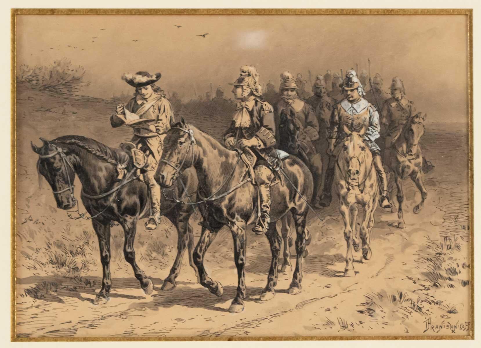Drawing from the late 19th century from Pranishnikoff representative horsemen
Drawing: H12cm, W 16cm
Frame: H 27.5 L 32cm, P 1cm.