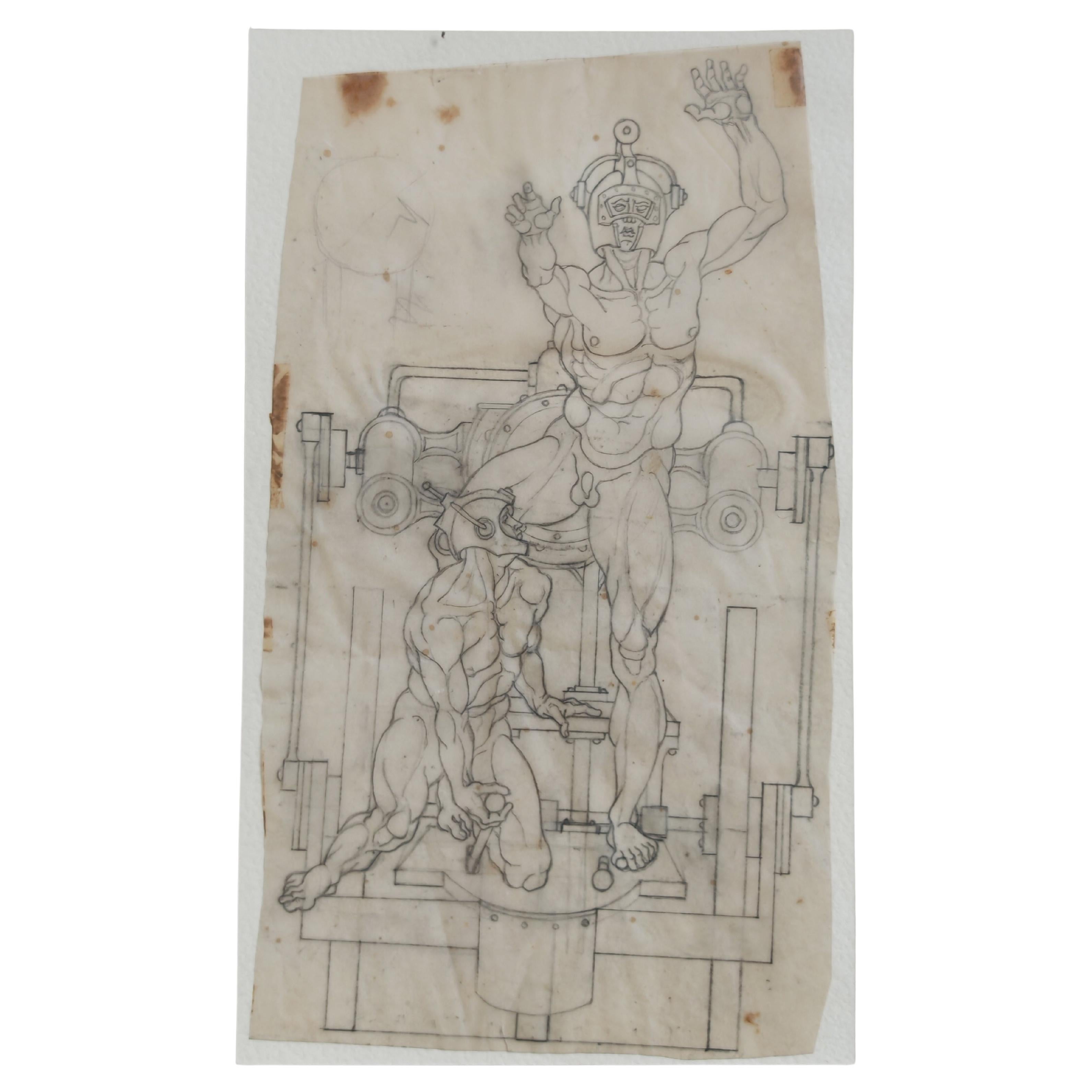 Drawing, male nude with classical symbolic elements by Dusan Gakovic