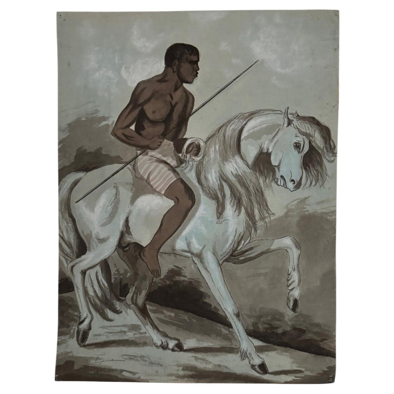 Drawing of a Black Horseman on a White Horse by Forgeoux, 19th Century For Sale