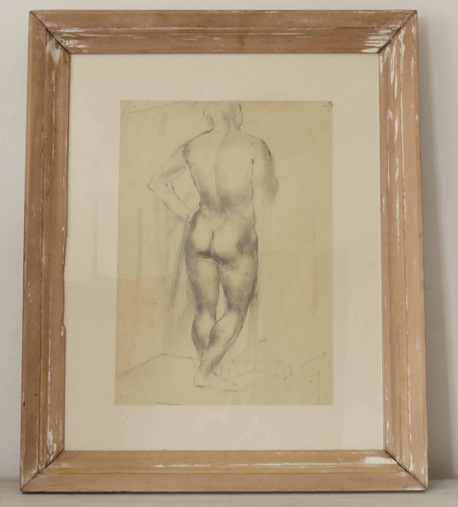 Wonderful pencil and ink drawing of a male nude.

On paper. Unsigned.

Presented in an antique distressed pine frame.

The actual paper is not perfect. It is creased in places, drawing pin holes in the corners and detached from the backing