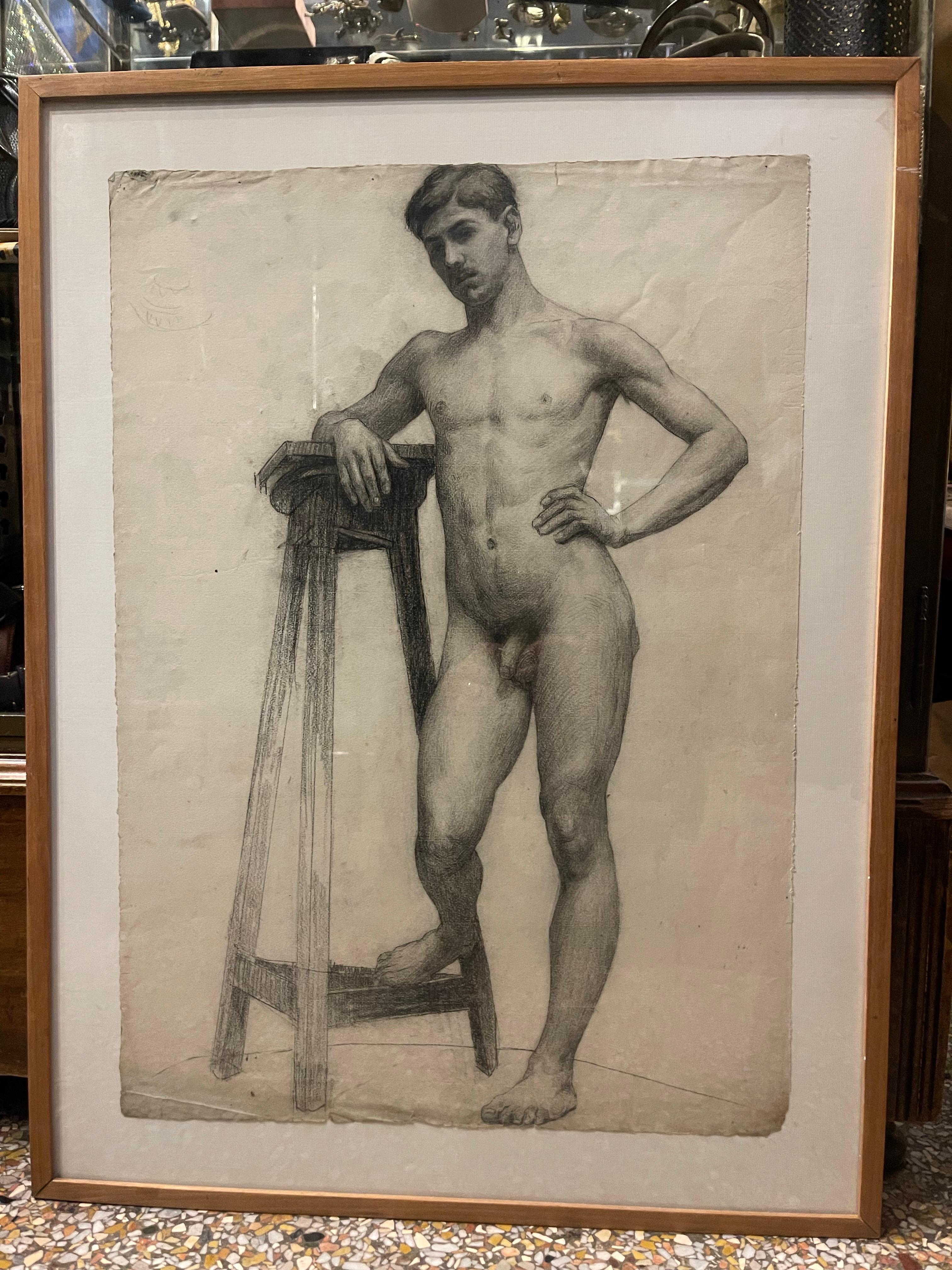 French Drawing of a Naked Man in the Academic Hot Seat 1910 France For Sale