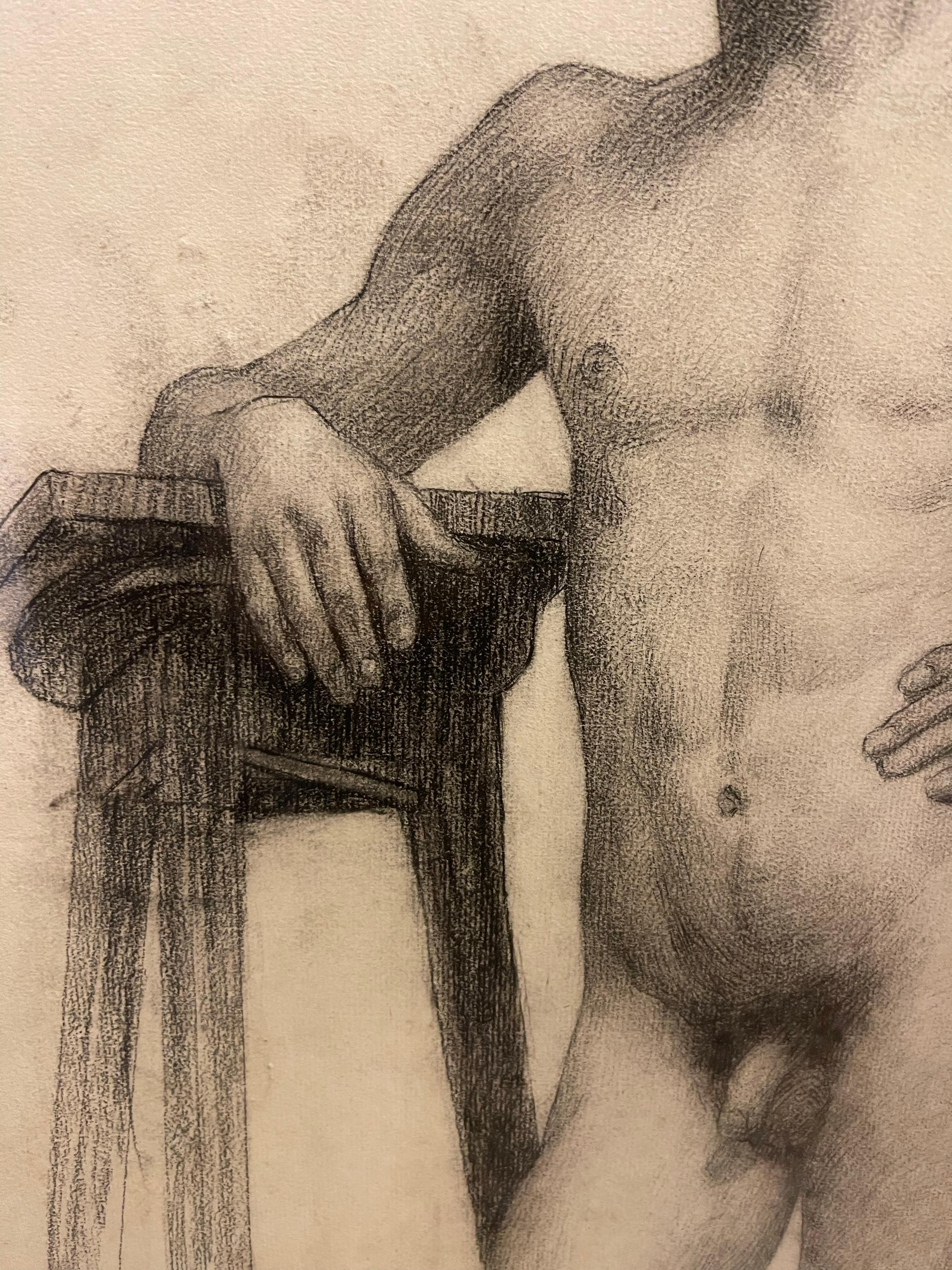 Hand-Painted Drawing of a Naked Man in the Academic Hot Seat 1910 France For Sale